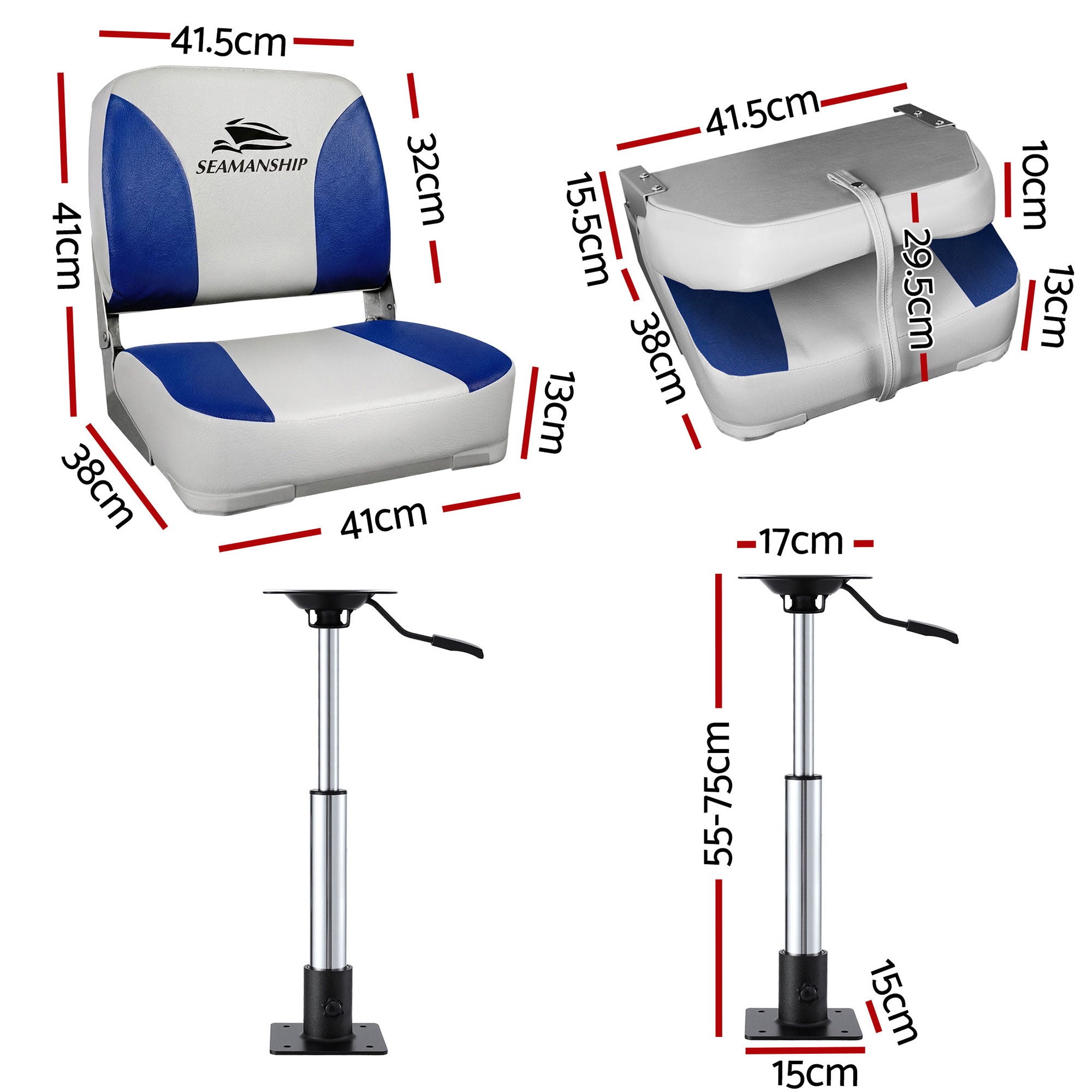 Boating Accessories: Seamanship 2X Folding Boat Seats with 2X Adjustable Pedestals 5575cm Marine Swivel Low Back 13cm Padding White Blue