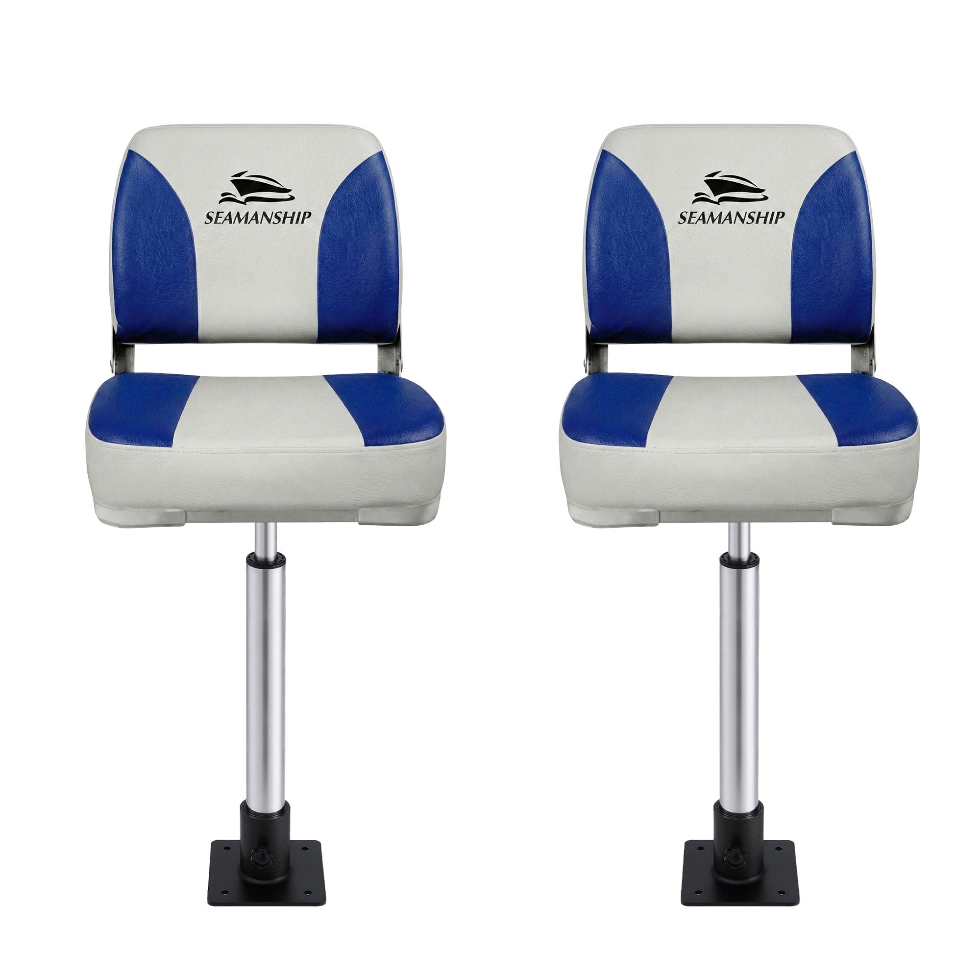 Boating Accessories: Seamanship 2X Folding Boat Seats with 2X Adjustable Pedestals 5575cm Marine Swivel Low Back 13cm Padding White Blue