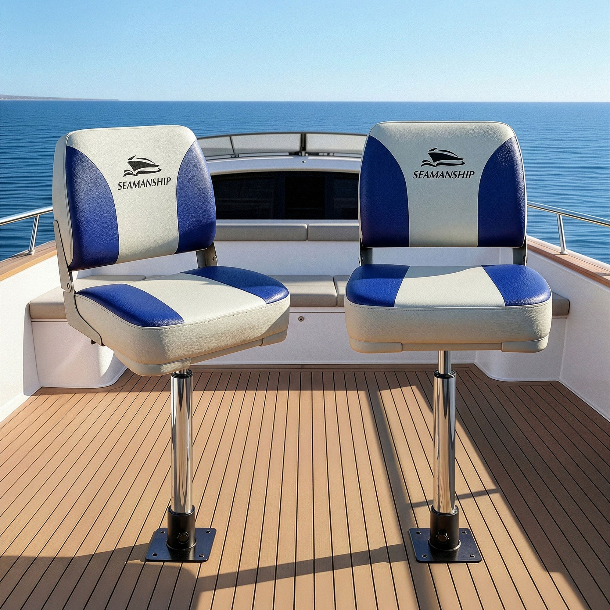 Boating Accessories: Seamanship 2X Folding Boat Seats with 2X Adjustable Pedestals 5575cm Marine Swivel Low Back 13cm Padding White Blue