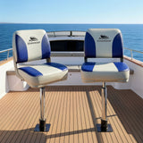 Boating Accessories: Seamanship 2X Folding Boat Seats with 2X Adjustable Pedestals 5575cm Marine Swivel Low Back 13cm Padding White Blue