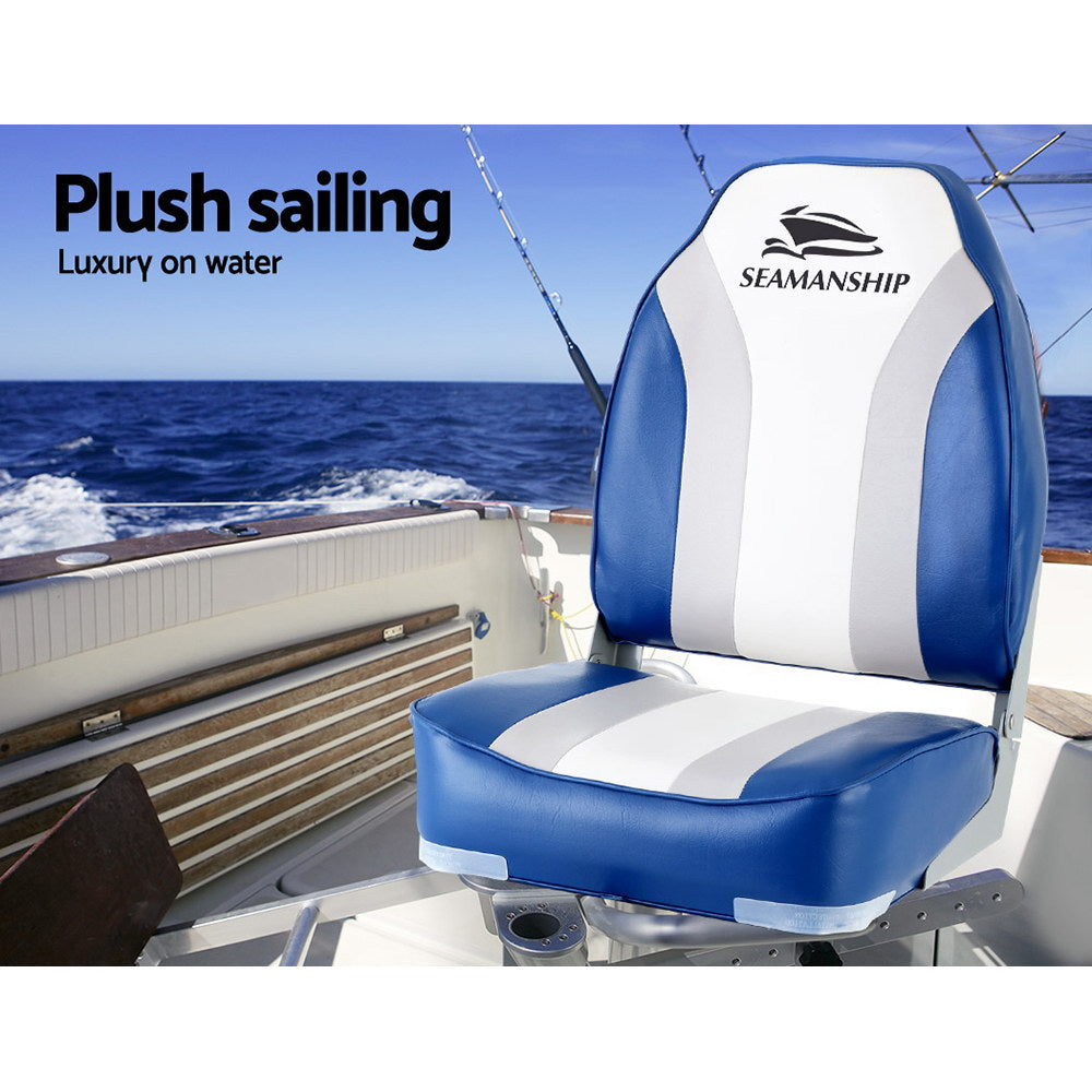 Boating Accessories: Seamanship 2X Folding Boat Seats Marine Seat Swivel High Back 12cm Padding Blue