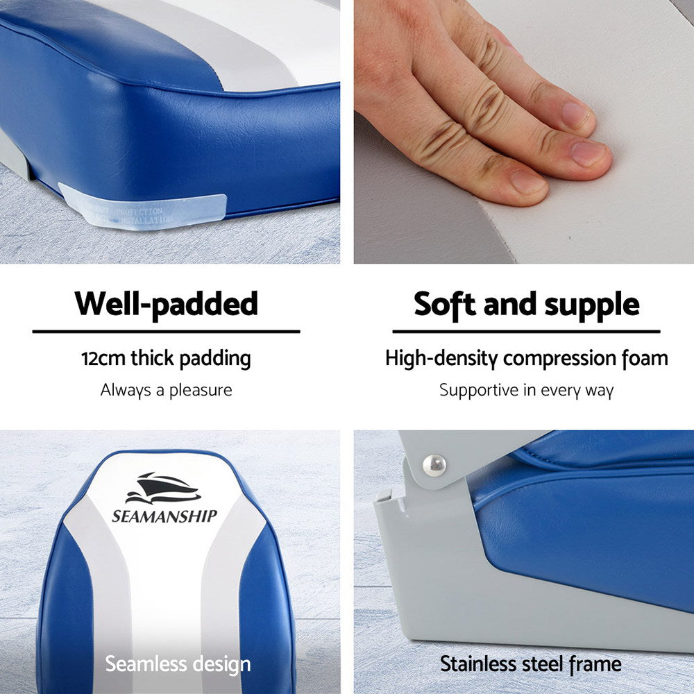 Boating Accessories: Seamanship 2X Folding Boat Seats Marine Seat Swivel High Back 12cm Padding Blue