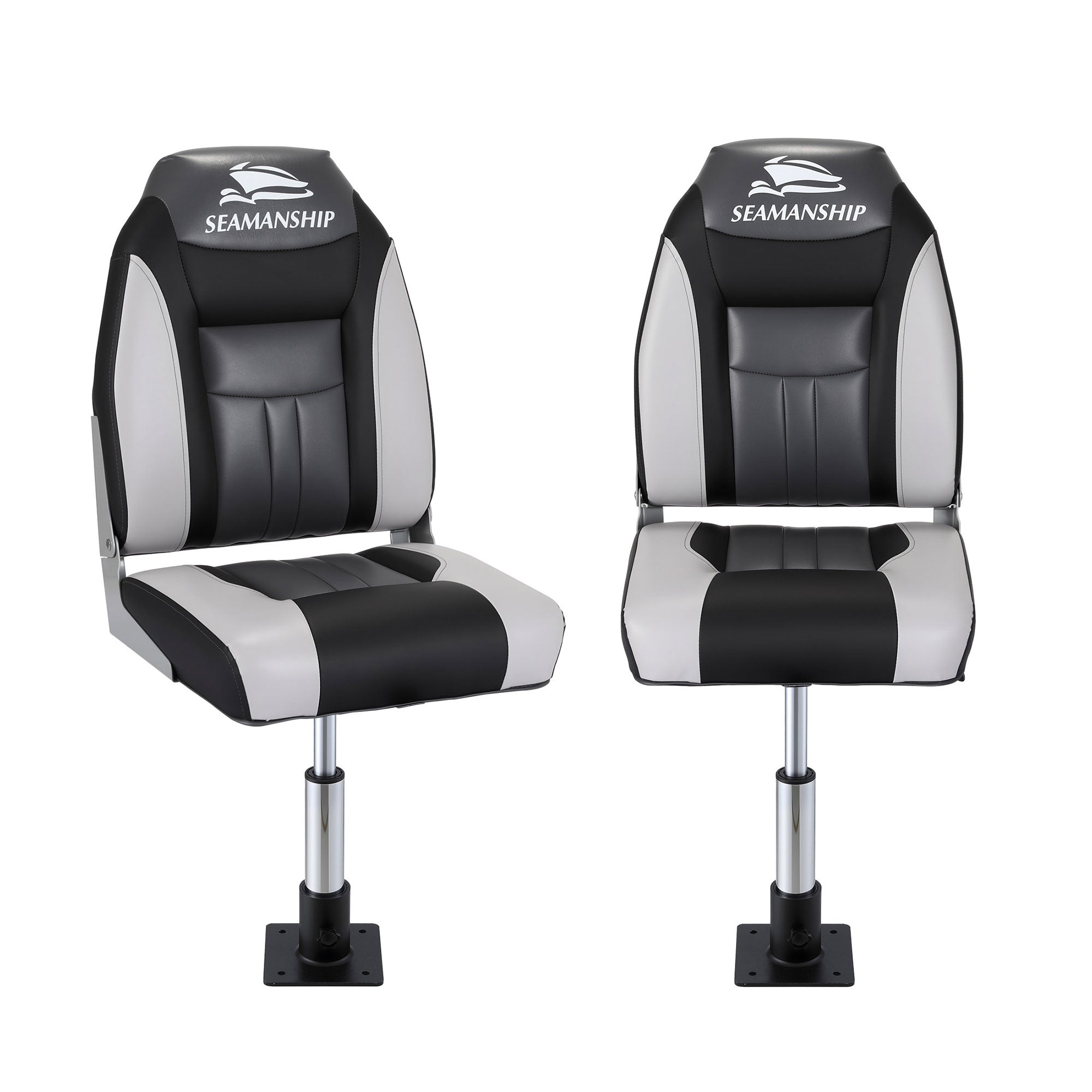 Boating Accessories: Seamanship 2X Folding Boat Seats with 2X Adjustable Pedestals 3446cm Marine Seat Swivel High Back 12cm Padding Black
