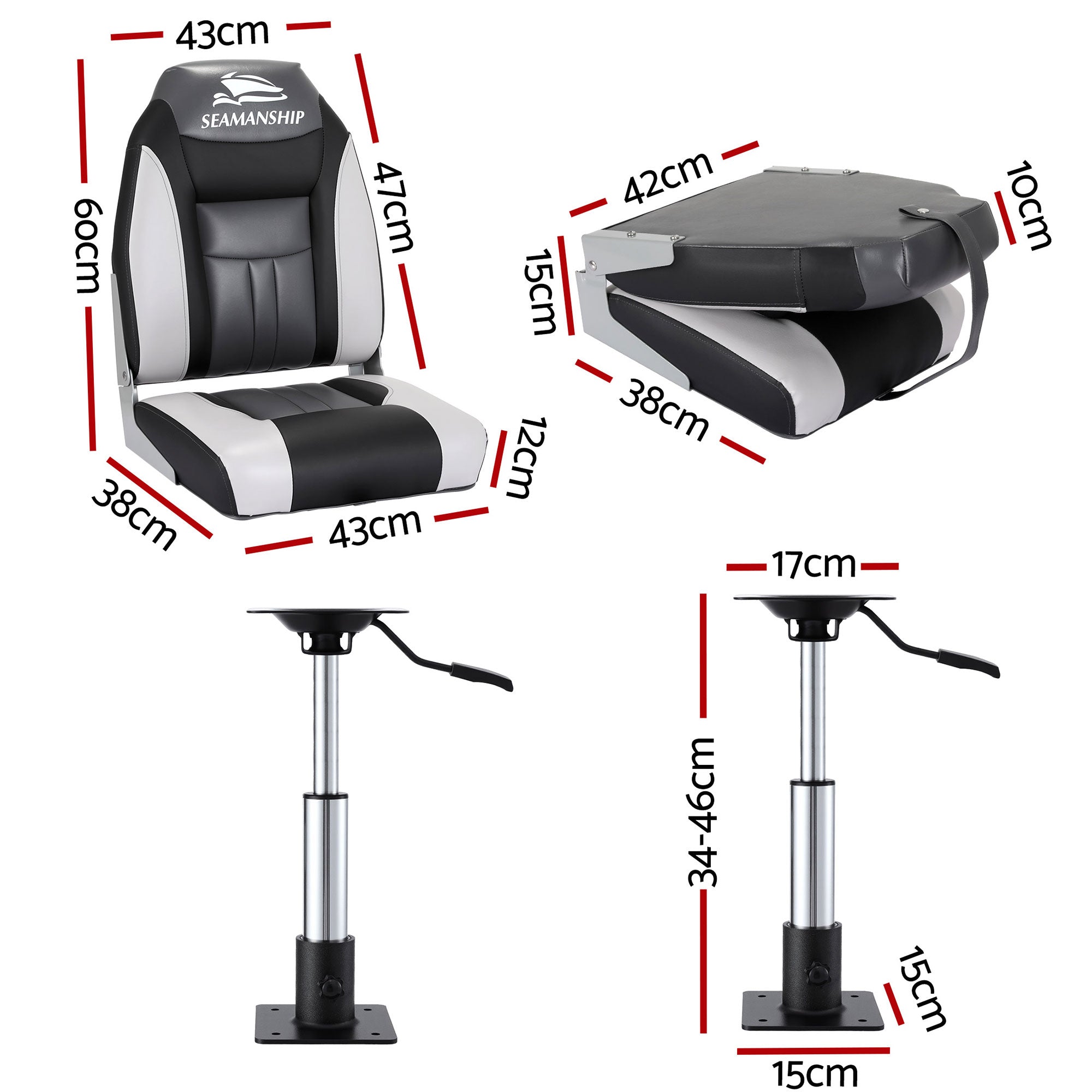 Boating Accessories: Seamanship 2X Folding Boat Seats with 2X Adjustable Pedestals 3446cm Marine Seat Swivel High Back 12cm Padding Black