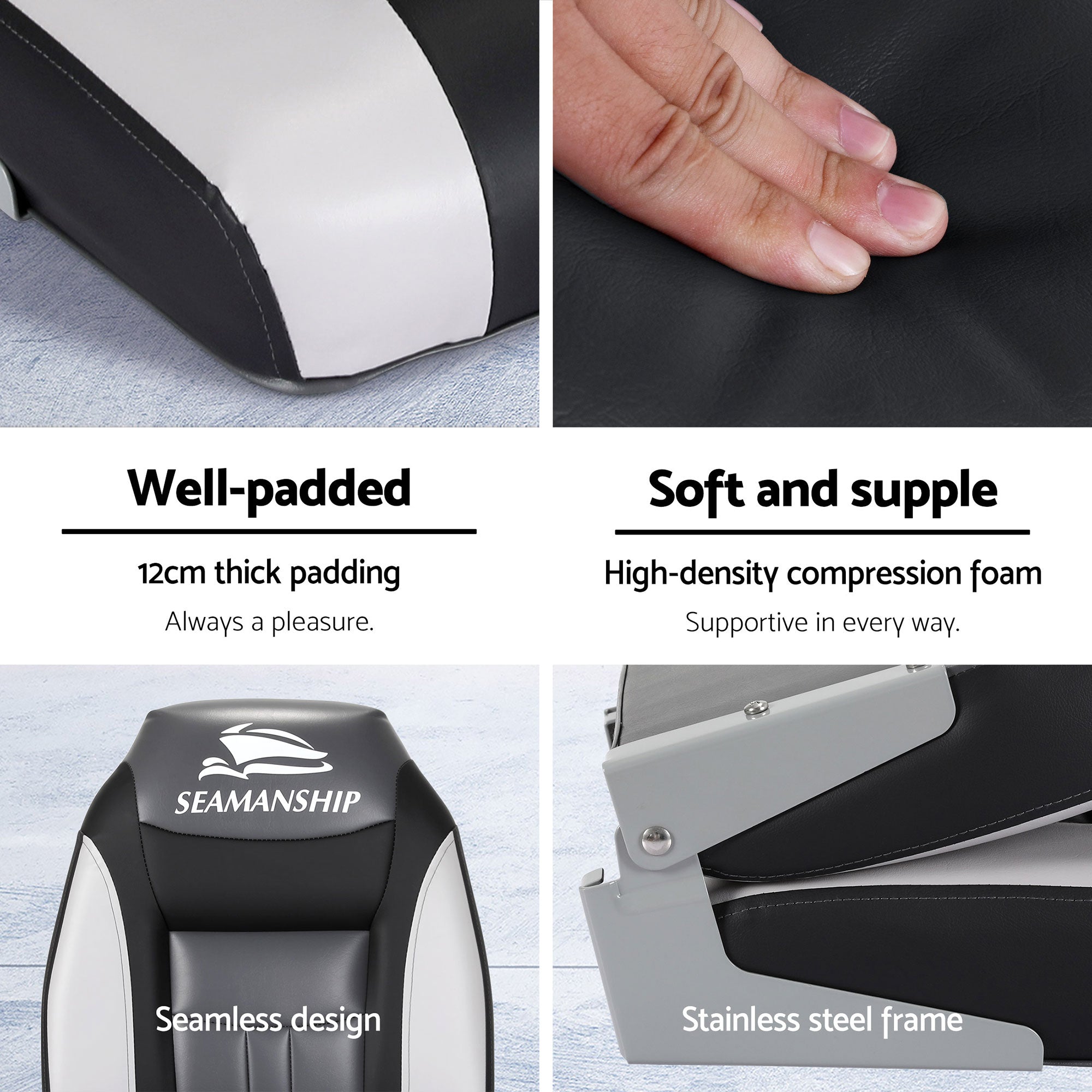 Boating Accessories: Seamanship 2X Folding Boat Seats with 2X Adjustable Pedestals 3446cm Marine Seat Swivel High Back 12cm Padding Black