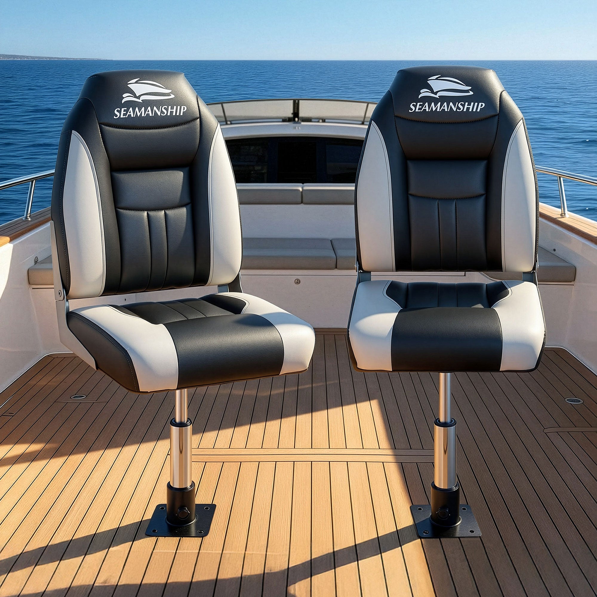 Boating Accessories: Seamanship 2X Folding Boat Seats with 2X Adjustable Pedestals 3446cm Marine Seat Swivel High Back 12cm Padding Black