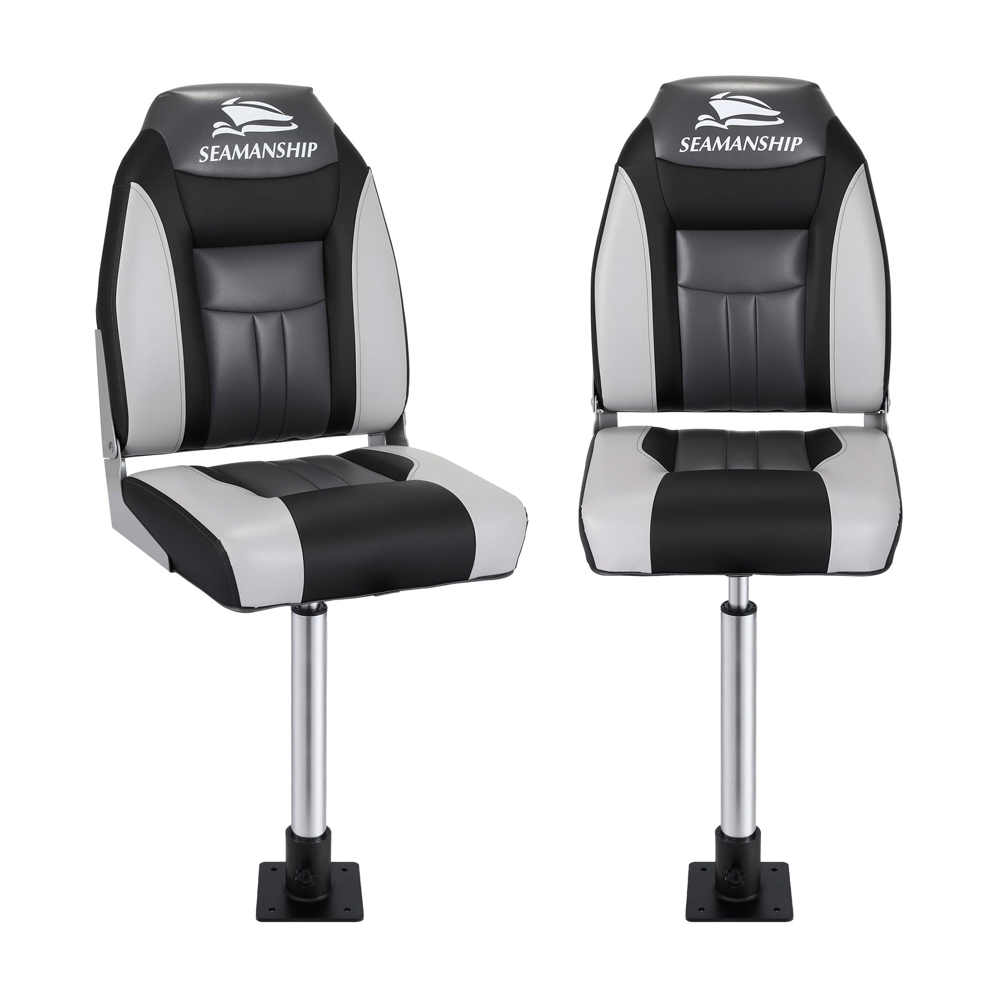Boating Accessories: Seamanship 2X Folding Boat Seats with 2X Adjustable Pedestals 5575cm Marine Seat Swivel High Back 12cm Padding Black