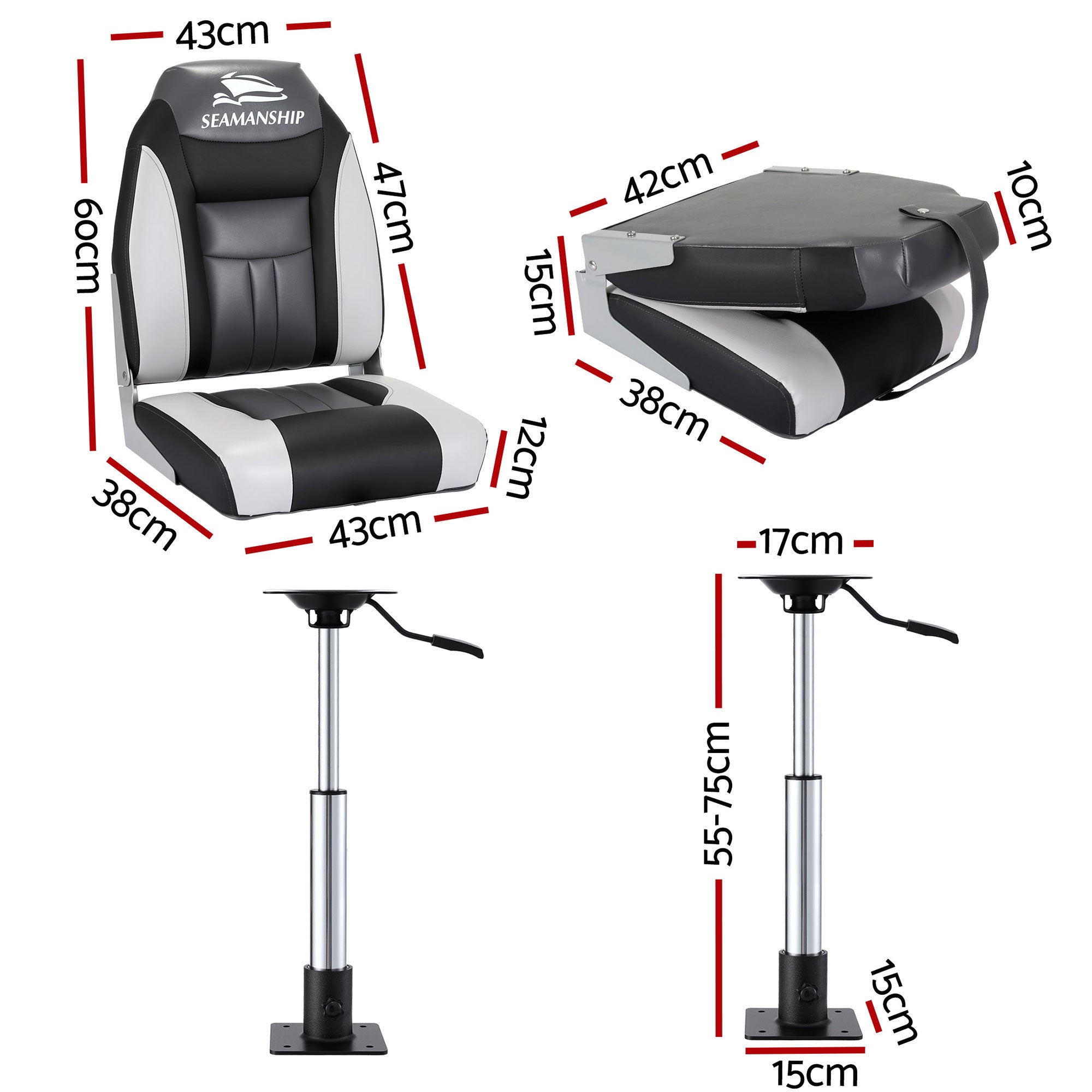 Boating Accessories: Seamanship 2X Folding Boat Seats with 2X Adjustable Pedestals 5575cm Marine Seat Swivel High Back 12cm Padding Black