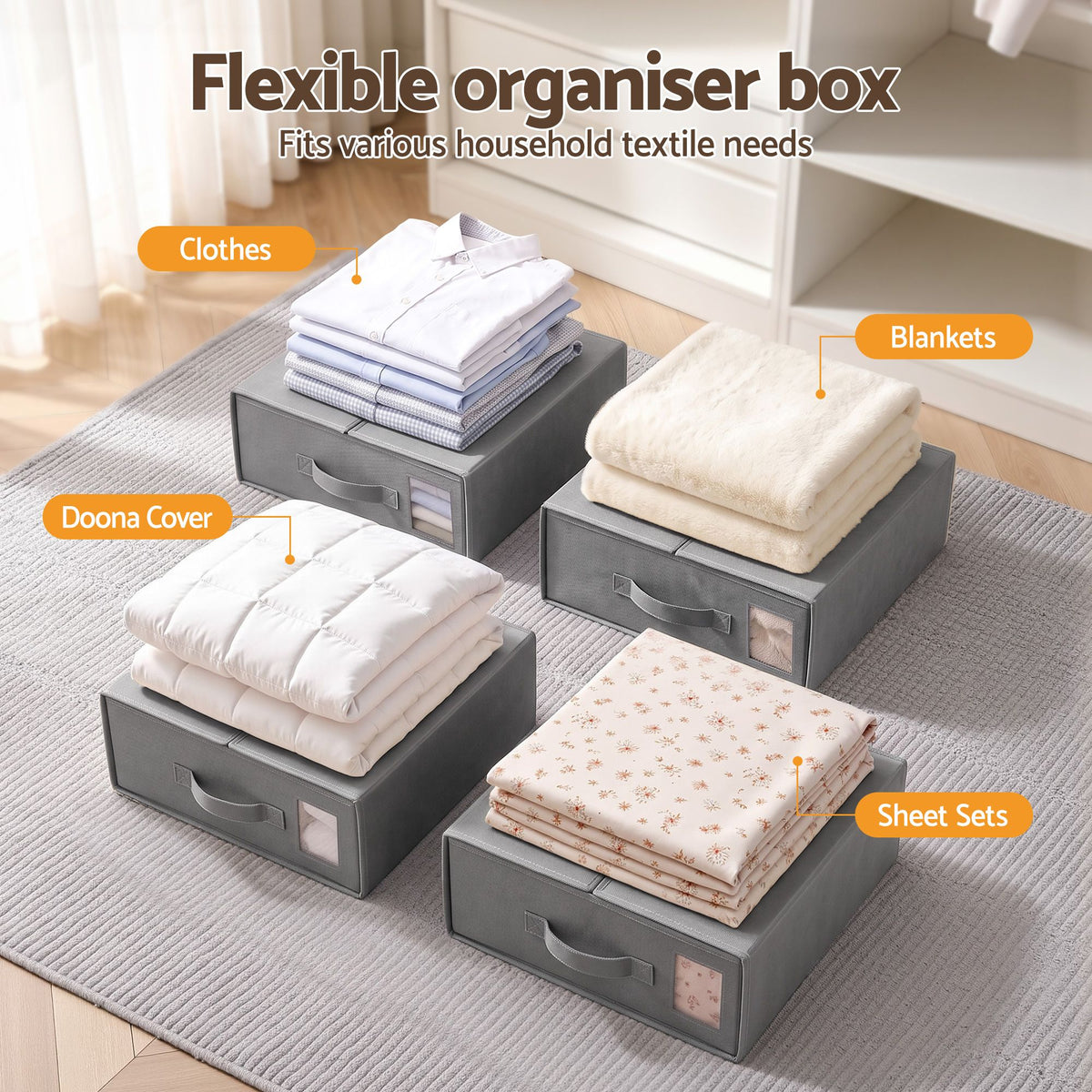 Artiss Bed Sheet Organisers Box Set 4Pcs Storage King Size, Grey