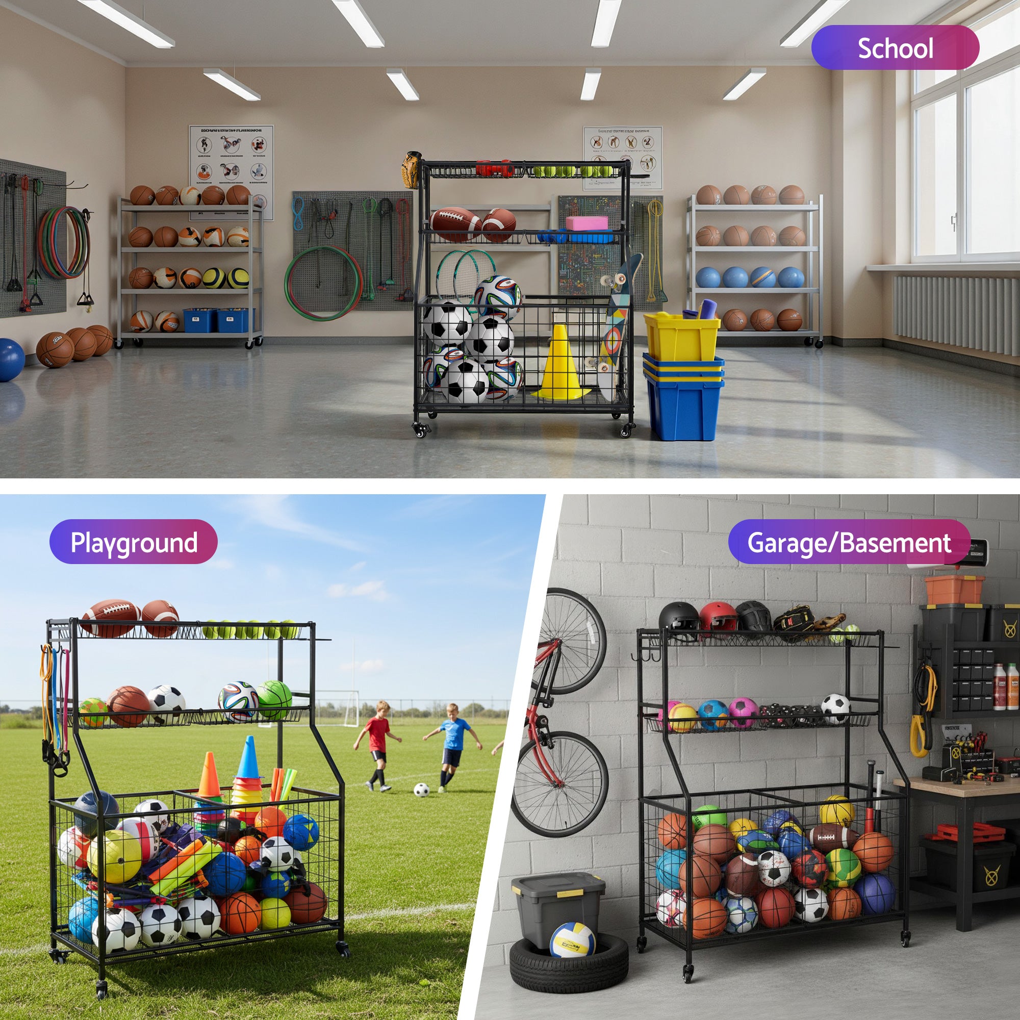 Bathroom Cabinets, Cupboards & Storage: Everfit Sports Equipment Organizer Storage with Wheels Multi-Sport Garage Gym Black