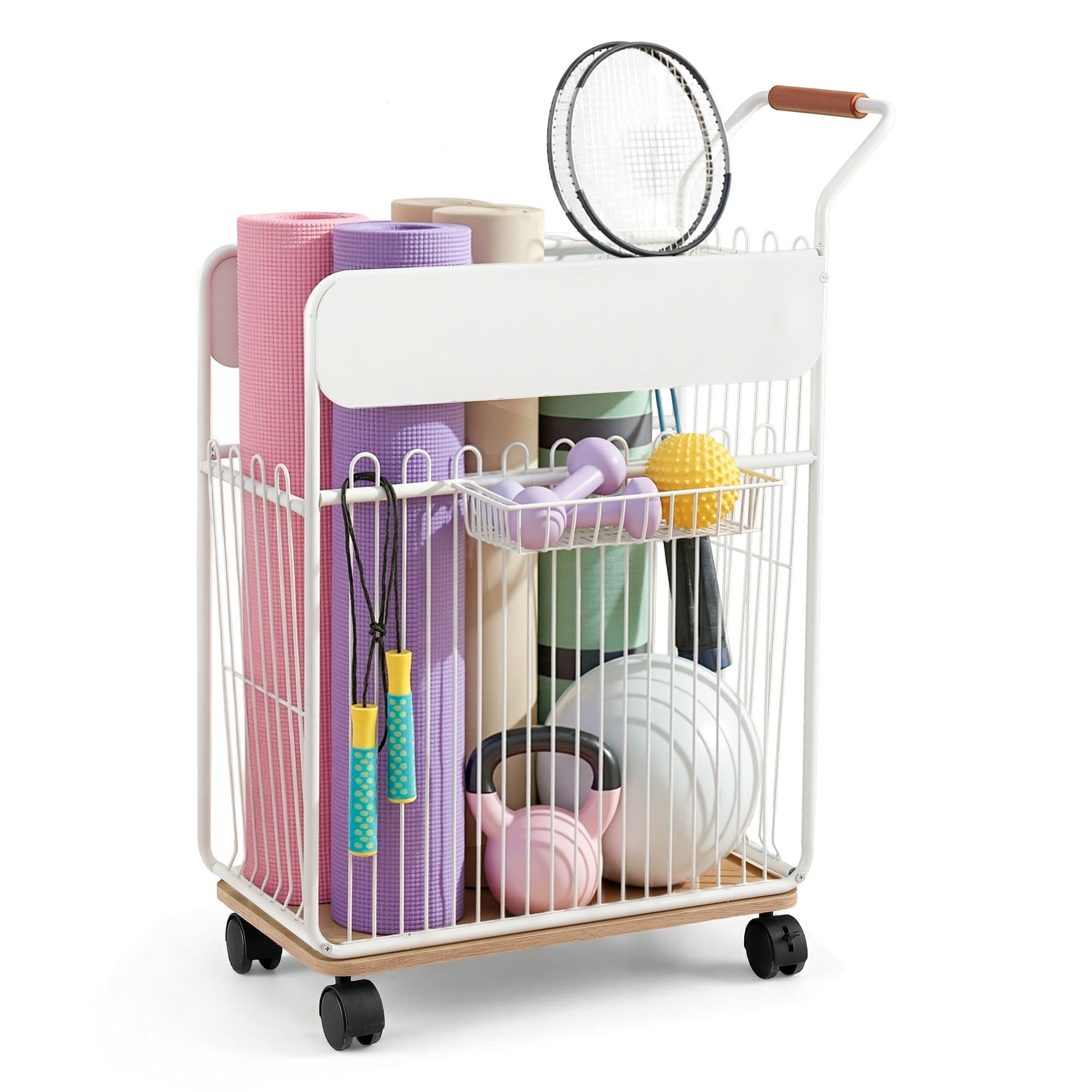 Basketball & Basketball Accessories: Everfit Yoga Mat Storage Rack Mobile Holder with Wheels Basket Home Gym Storage Organizer White