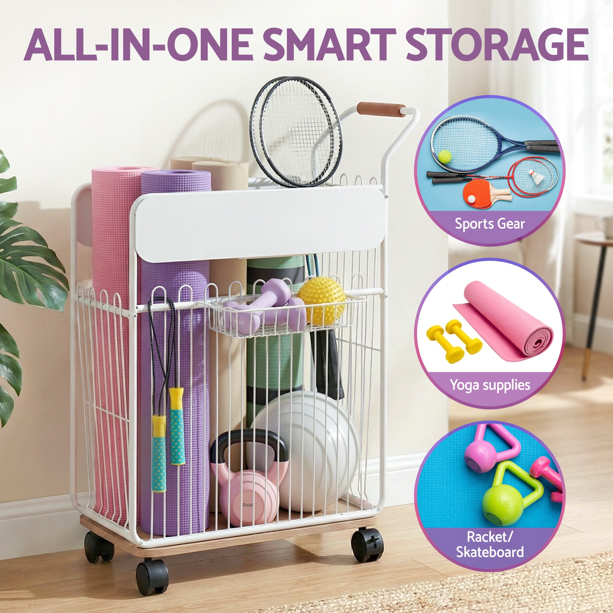 Basketball & Basketball Accessories: Everfit Yoga Mat Storage Rack Mobile Holder with Wheels Basket Home Gym Storage Organizer White
