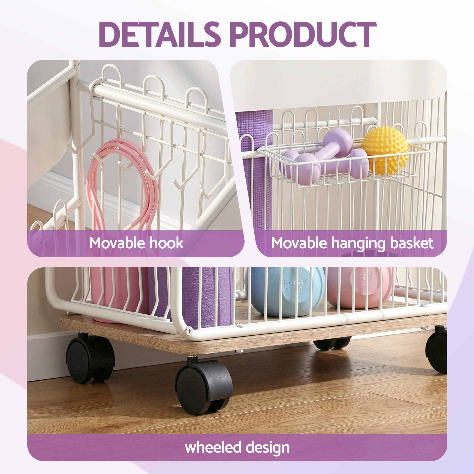Basketball & Basketball Accessories: Everfit Yoga Mat Storage Rack Mobile Holder with Wheels Basket Home Gym Storage Organizer White