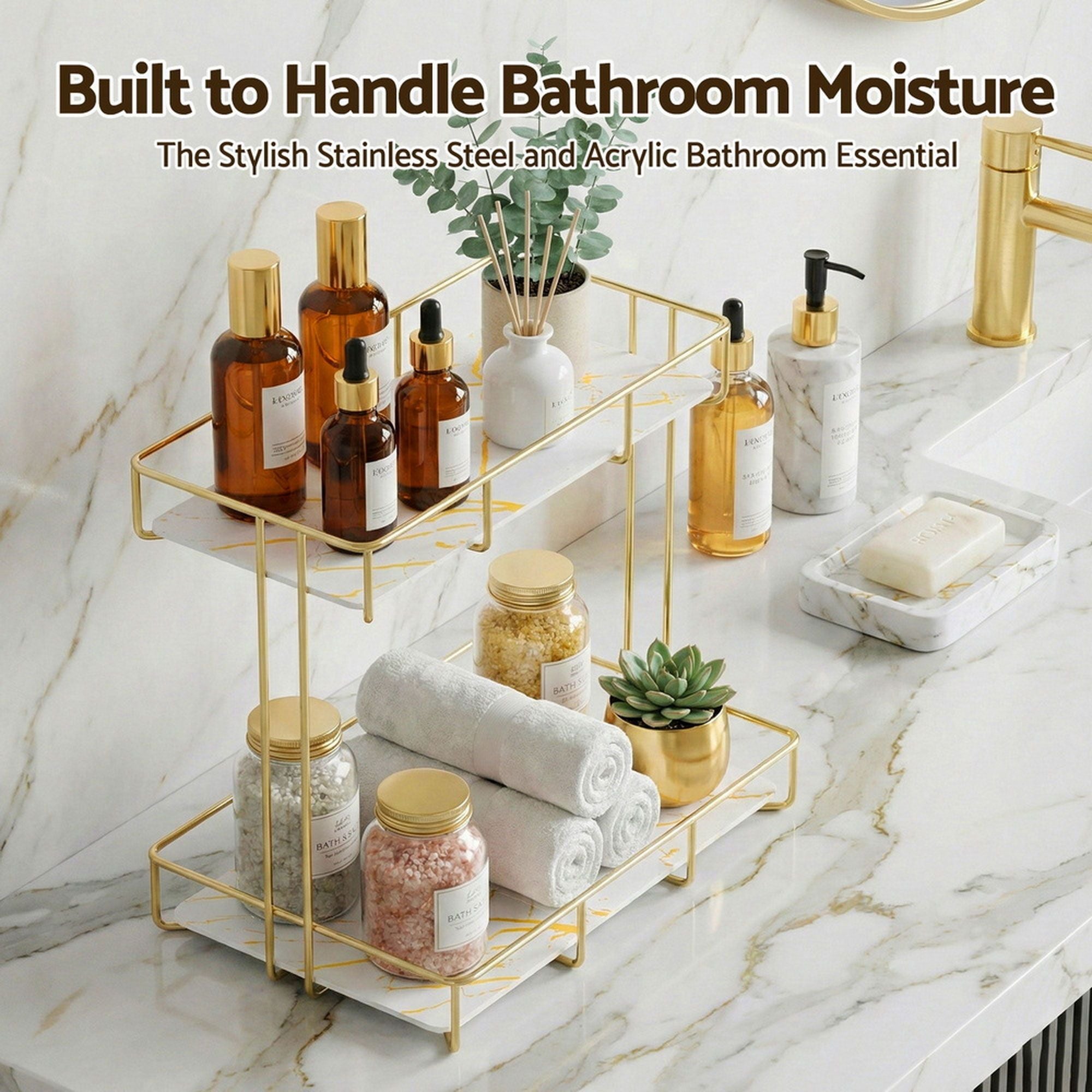 Artiss 2X Bathroom Storage Rack 2 Tier Corner Organiser Gold Marble Look