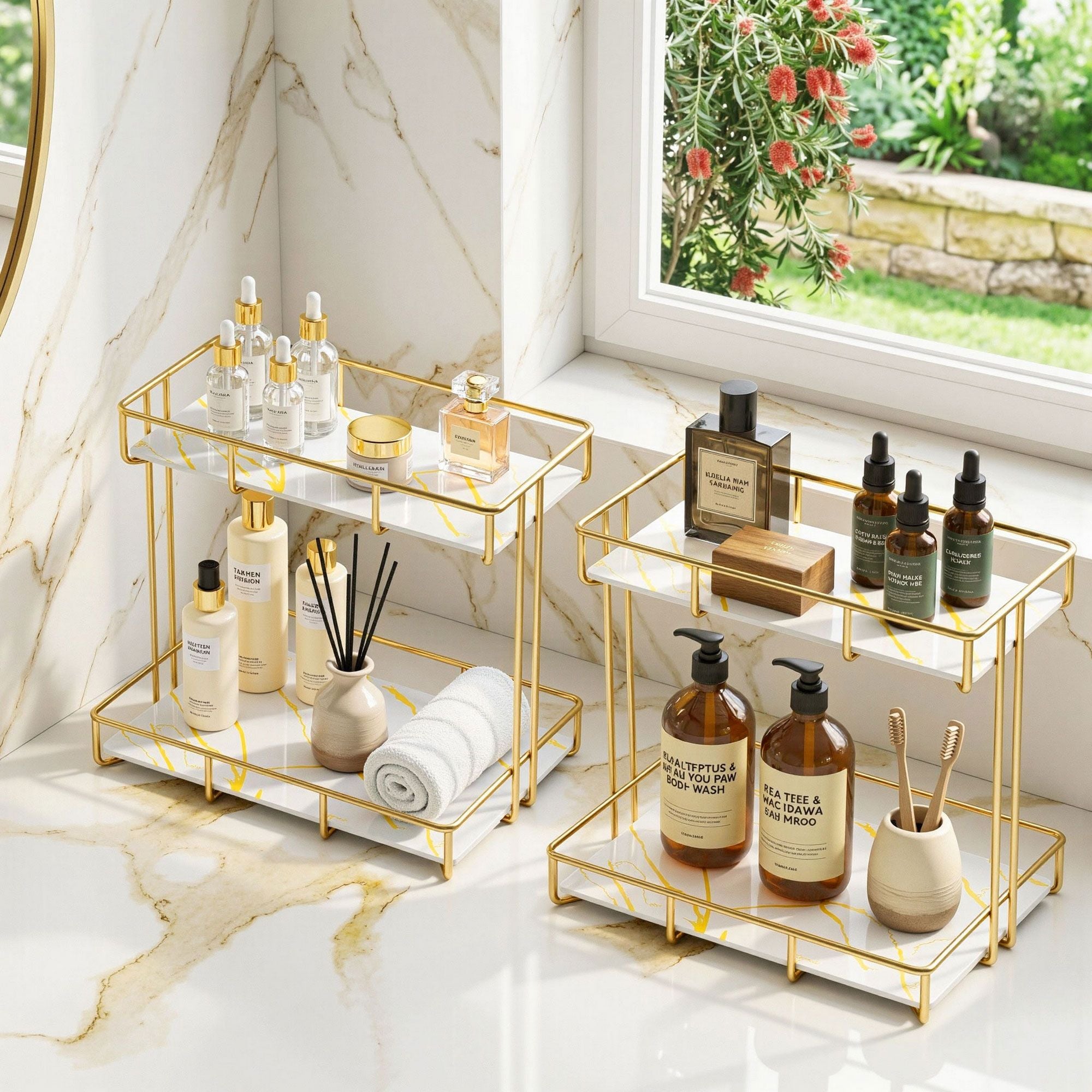 Artiss 2X Bathroom Storage Rack 2 Tier Corner Organiser Gold Marble Look