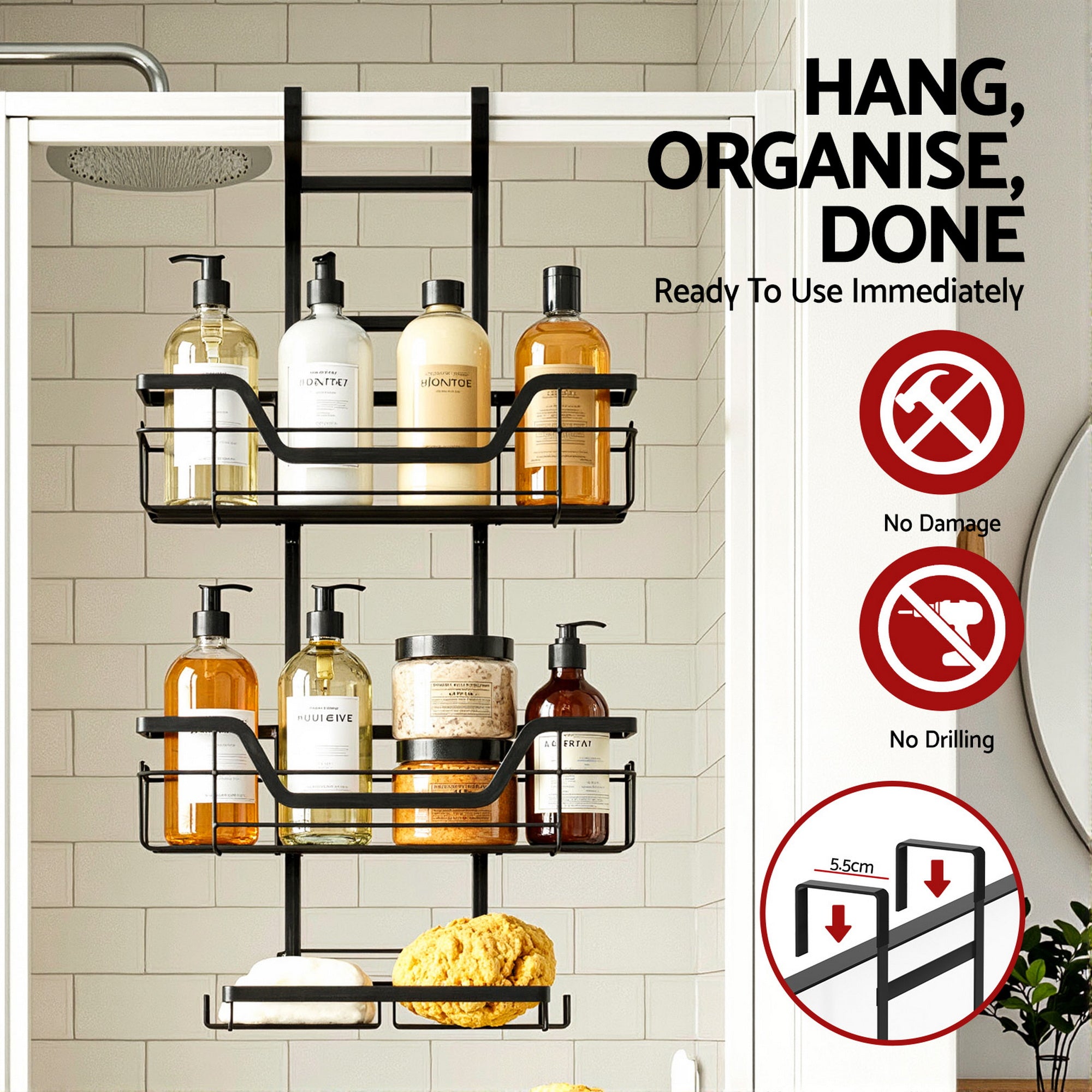 Bathroom Cabinets, Cupboards & Storage: Artiss 3 Tier Over The Door Shower Caddy Hanging Bathroom Storage Organizer