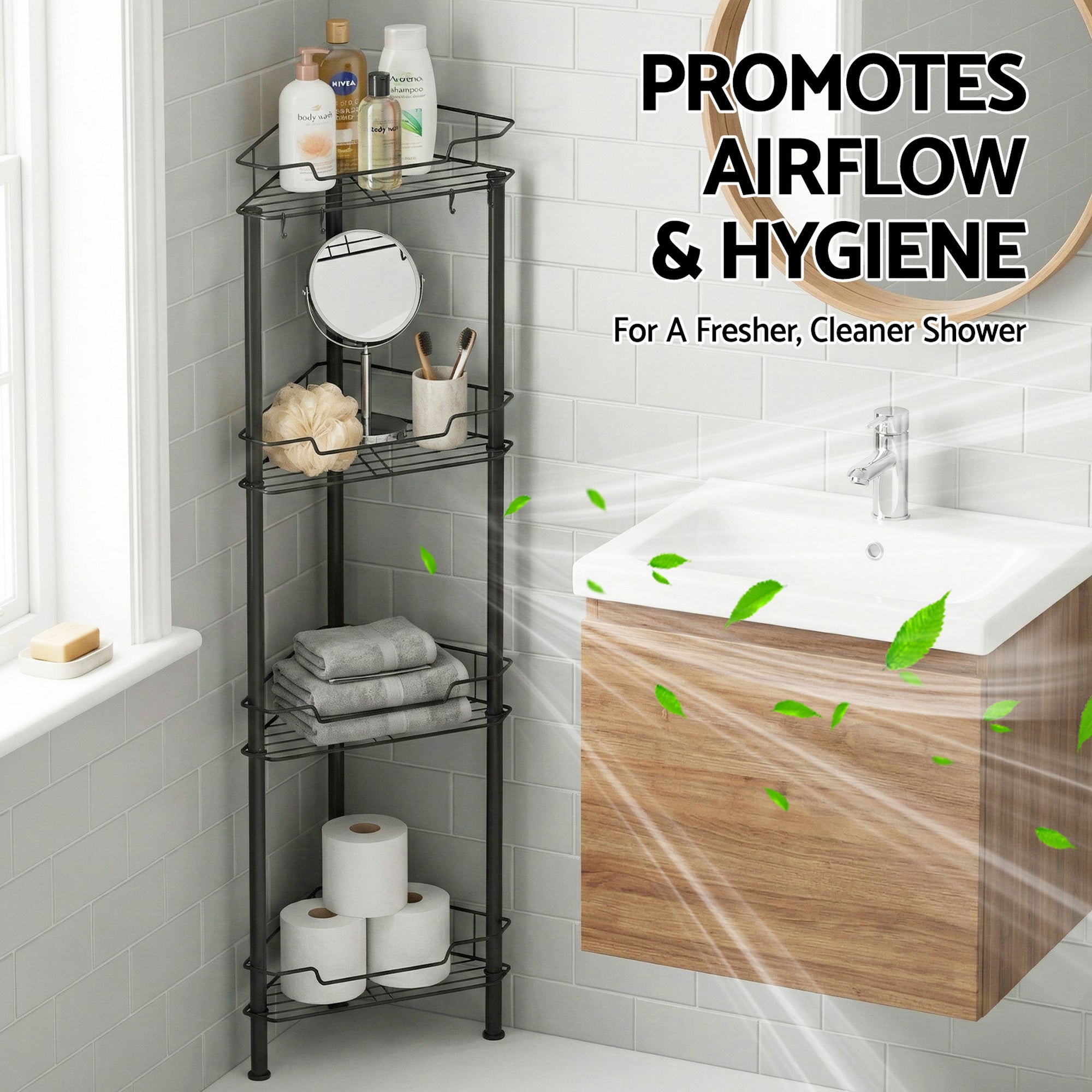 Bathroom Cabinets, Cupboards & Storage: Artiss 4 Tier Floor Standing Corner Shower Caddy Bathroom Organizer Black