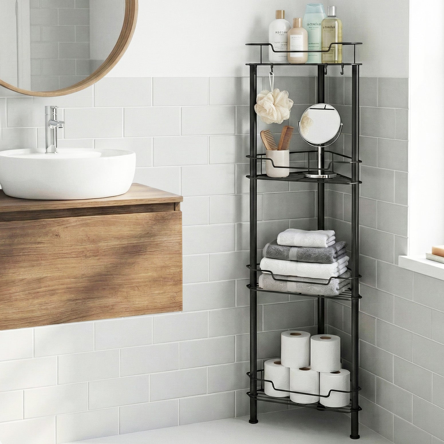 Bathroom Cabinets, Cupboards & Storage: Artiss 4 Tier Floor Standing Corner Shower Caddy Bathroom Organizer Black