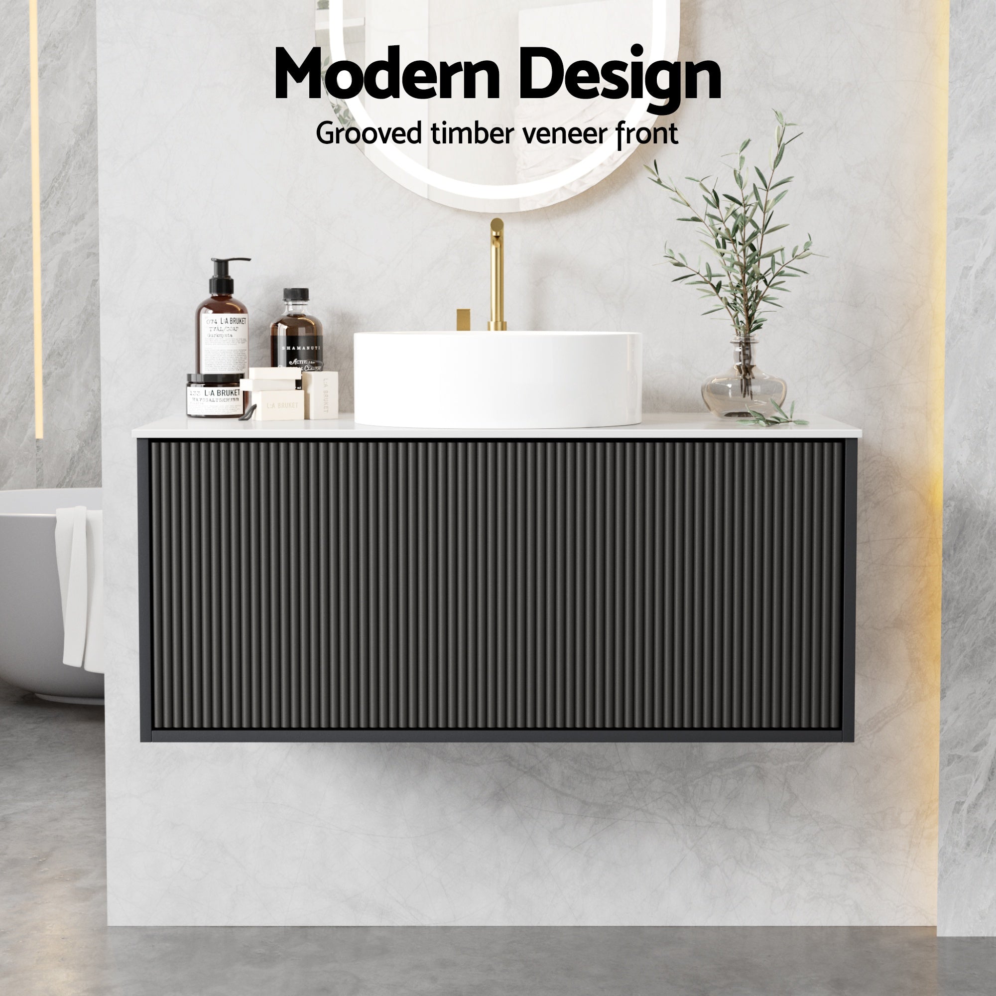 Vanity Units: Cefito Vanity Unit 900mm Bathroom Cabinet Storage Wall Hung Grooved Timber Black