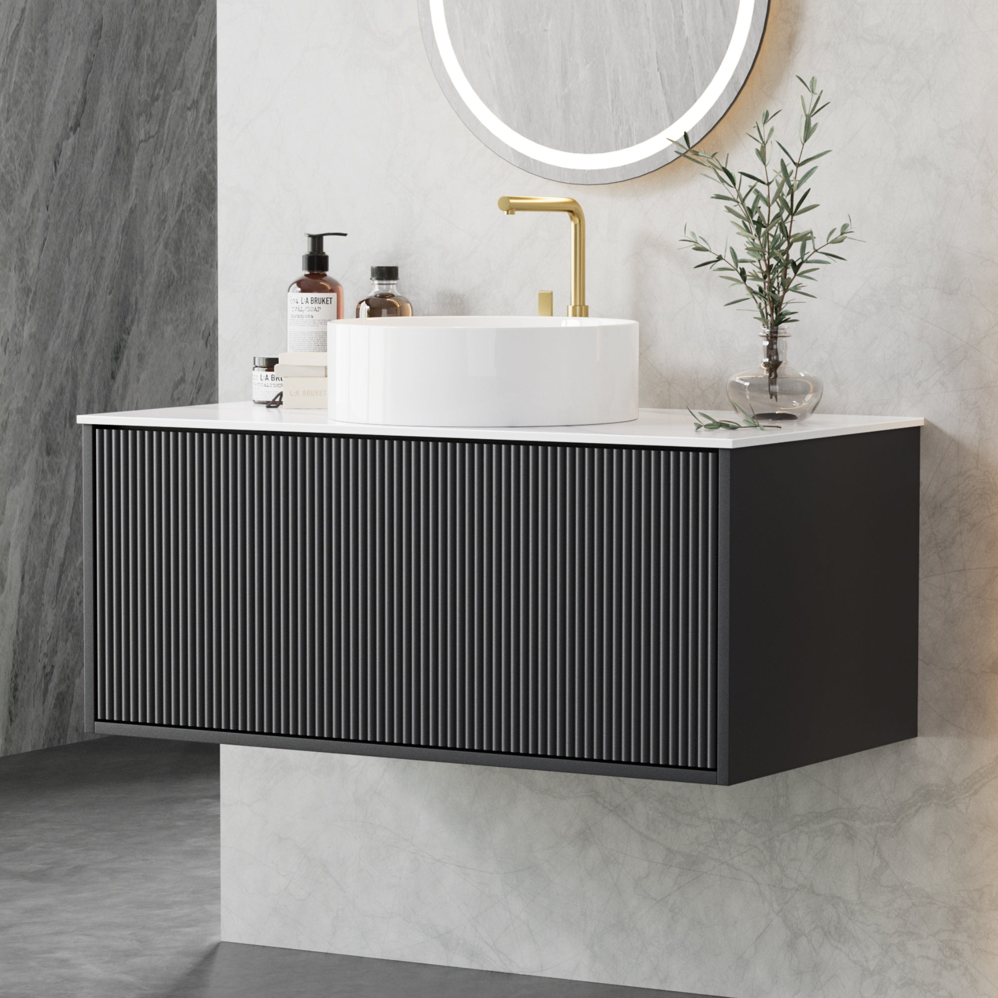 Vanity Units: Cefito Vanity Unit 900mm Bathroom Cabinet Storage Wall Hung Grooved Timber Black