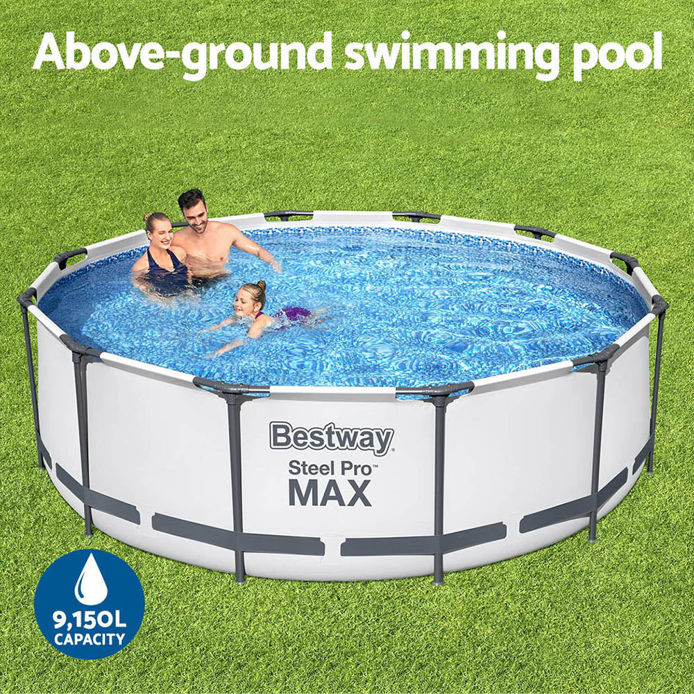 Swimming Pools: Bestway Swimming Pool 366x100cm Steel Frame Round Above Ground Pools w/ Filter Pump 9150L