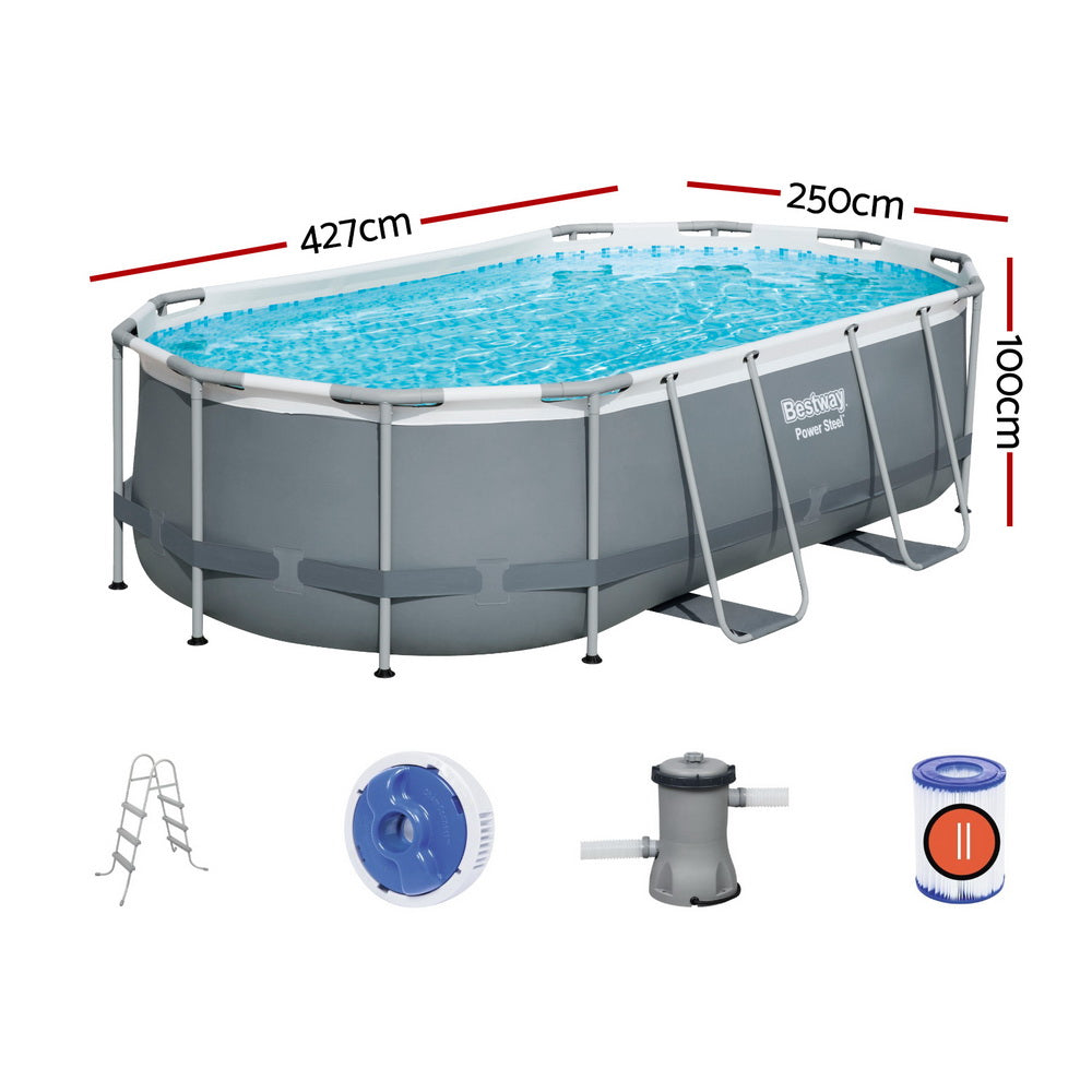 Swimming Pools: Bestway Swimming Pool 427x250x100cm Steel Frame Above Ground Pools Filter Pump Ladder 7250L