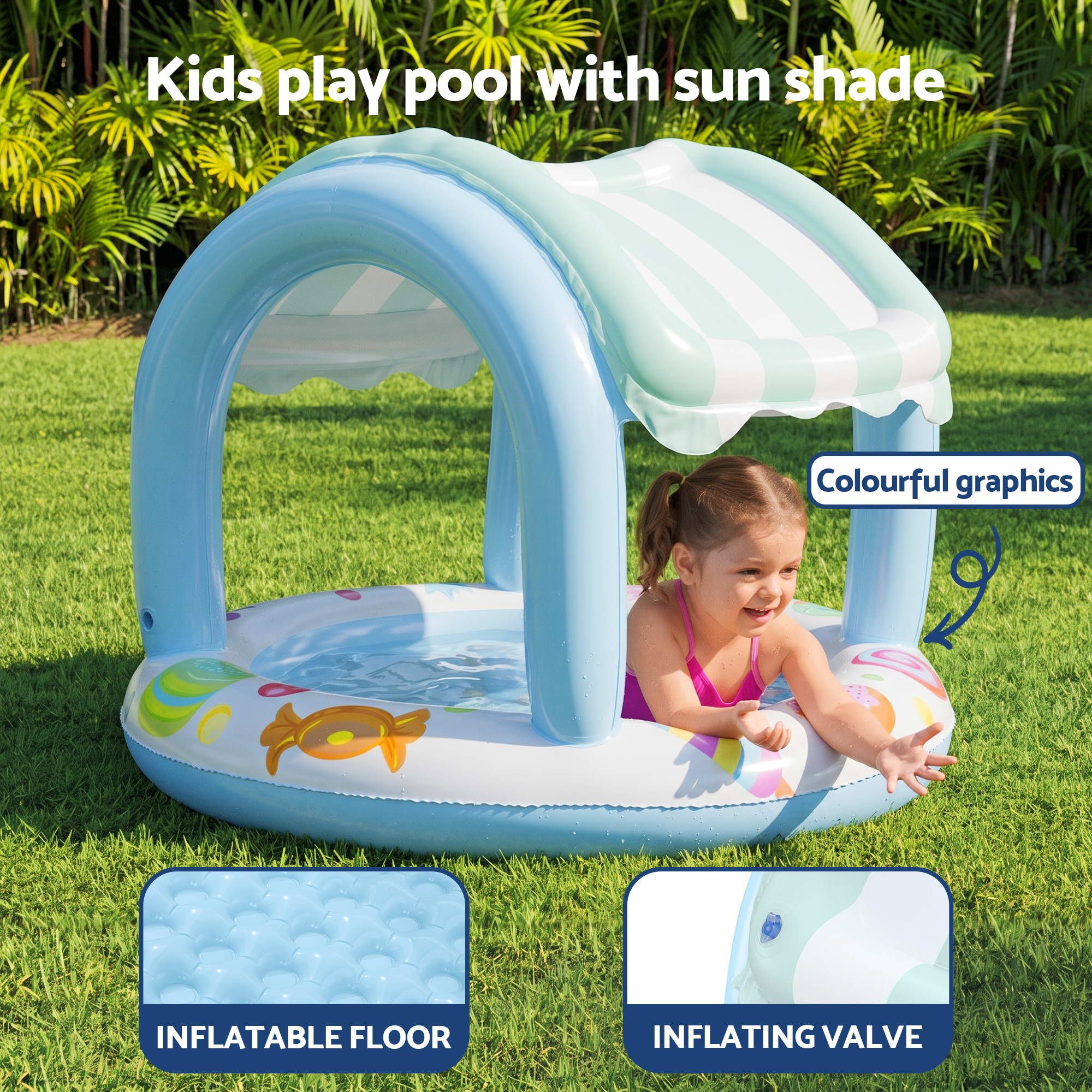 Bestway Inflatable Kids Pool with Sun Shade Candy Theme 104x84cm