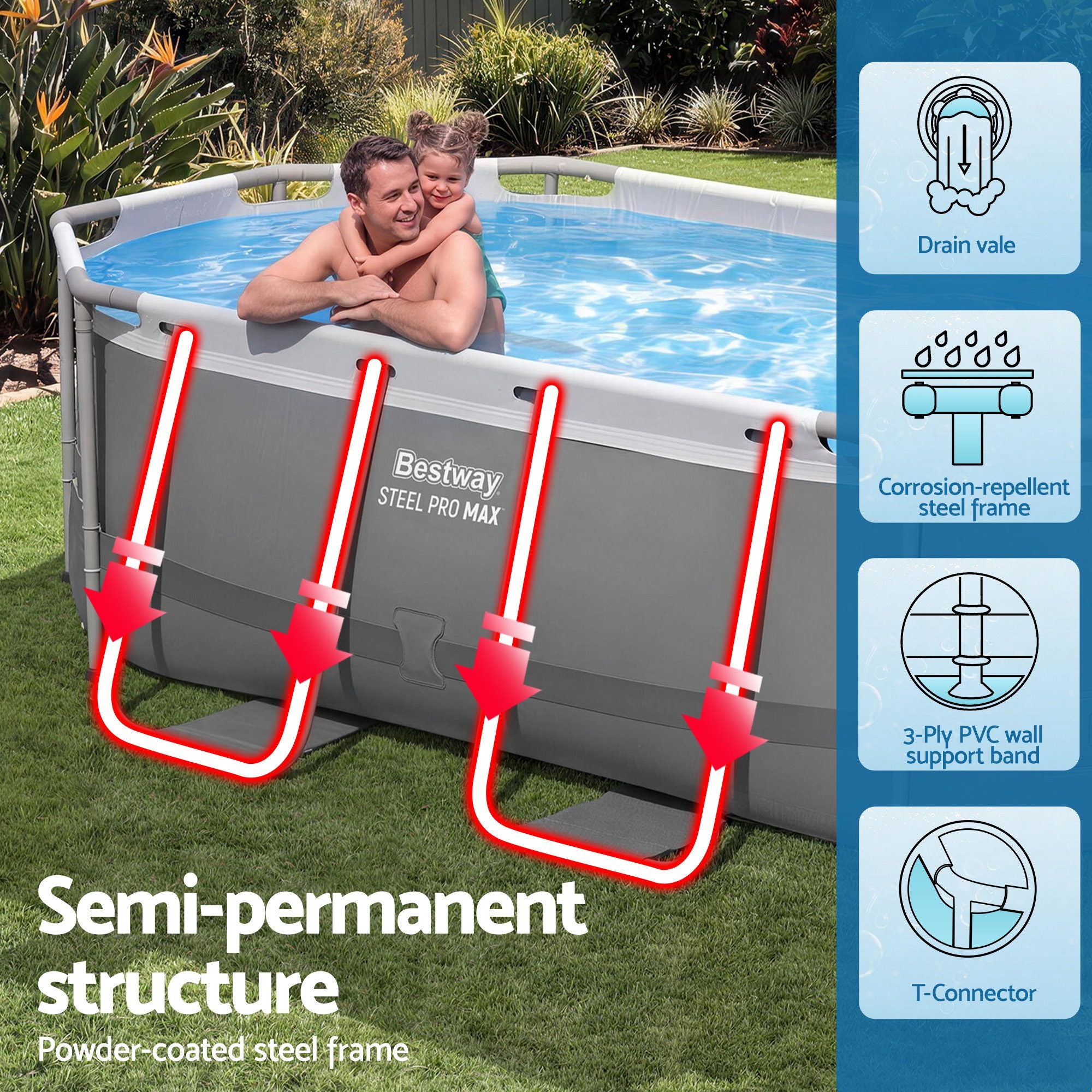 Bestway Swimming Pools 305cm x 200cm x 84cm Steel Above Ground Backyard Pool Set