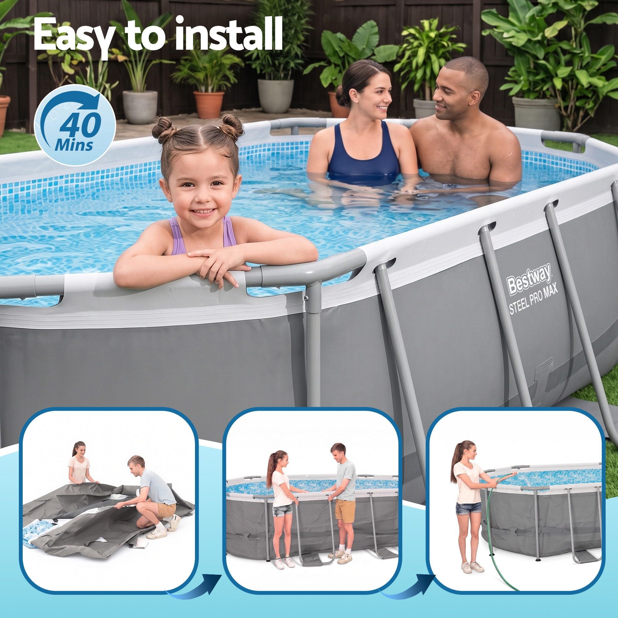 Bestway Swimming Pools 305cm x 200cm x 84cm Steel Above Ground Backyard Pool Set