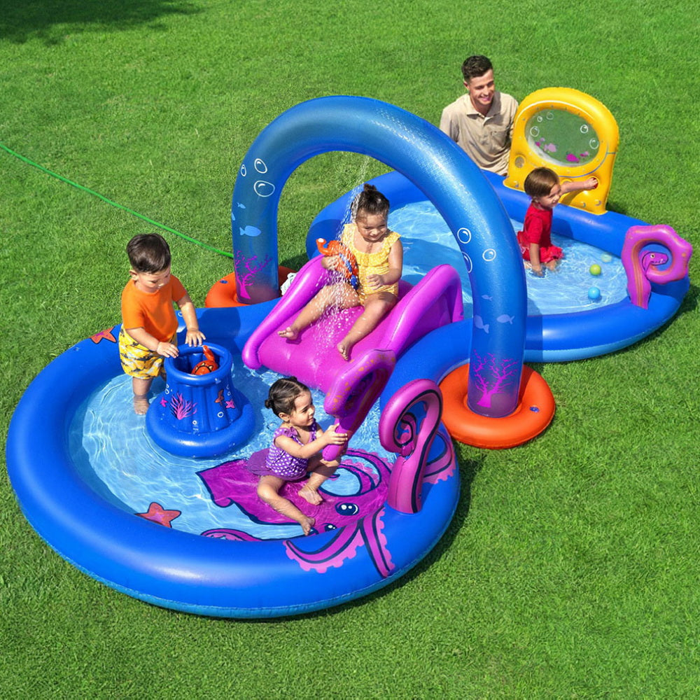 Pool Toys & Inflatables: Bestway Kids Inflatable Play Splash Pool with Slide Ball Tossing Toys Coral Basket