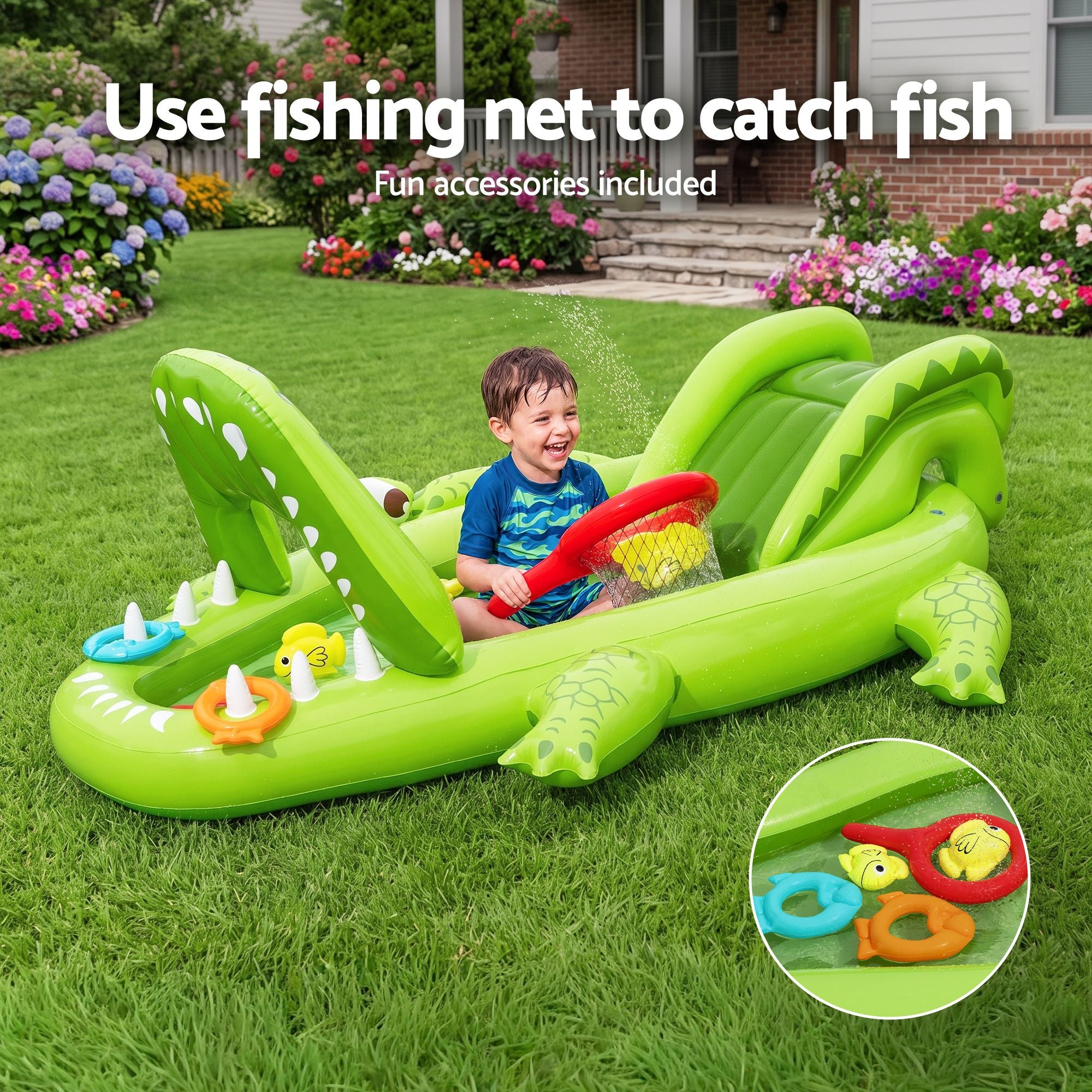 Bestway Inflatable Alligator Kids Play Pool with Slide 234cmx163cm Green