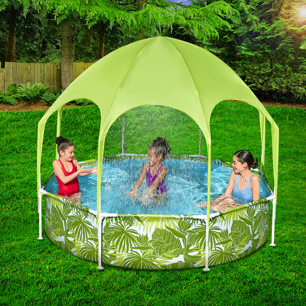 Swimming Pools: Bestway Kids Pool 244x51cm Steel Frame Swimming Play Pools Canopy 1688L