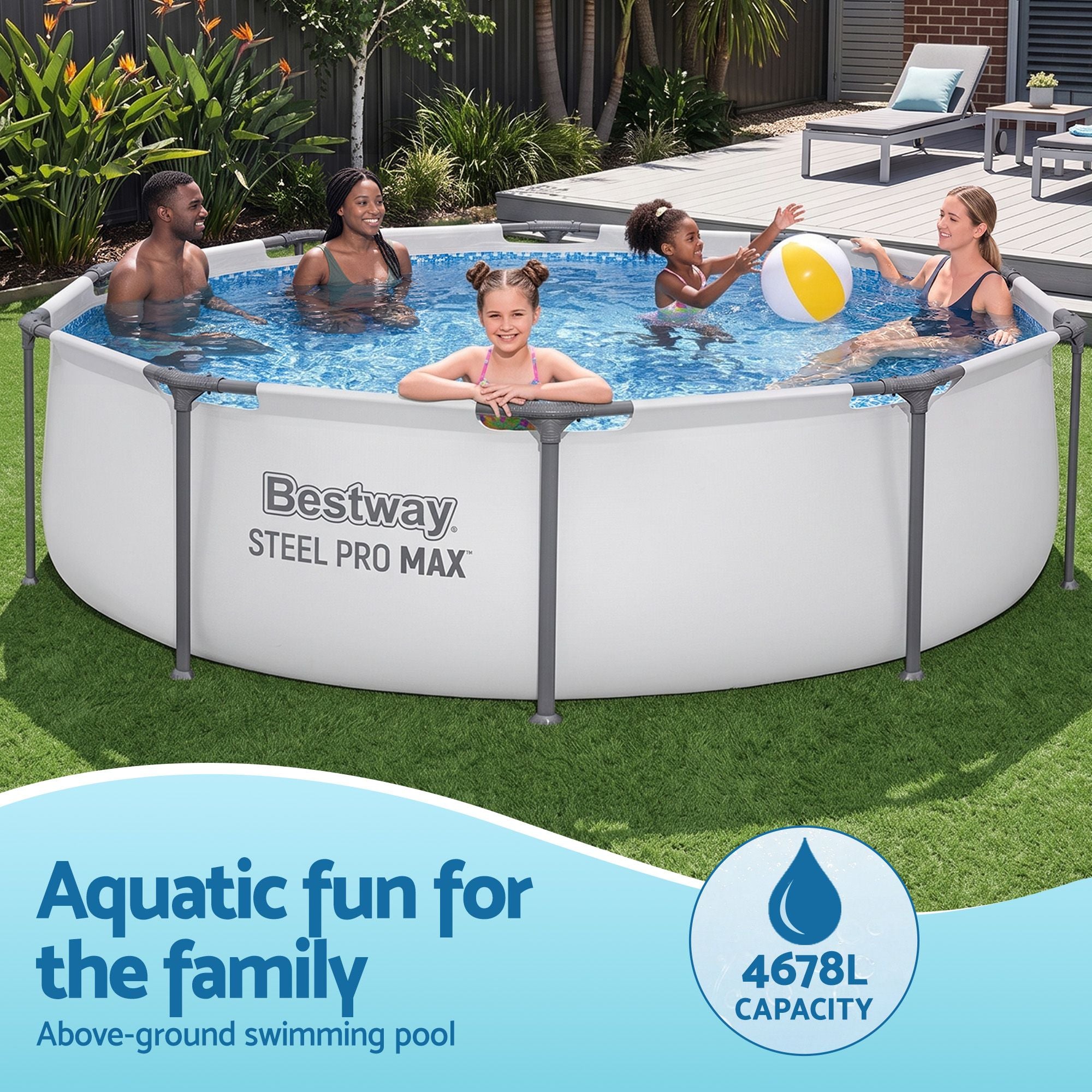 Bestway 305CM Swimming Pools Steel Above Ground Round Backyard Pool Set White