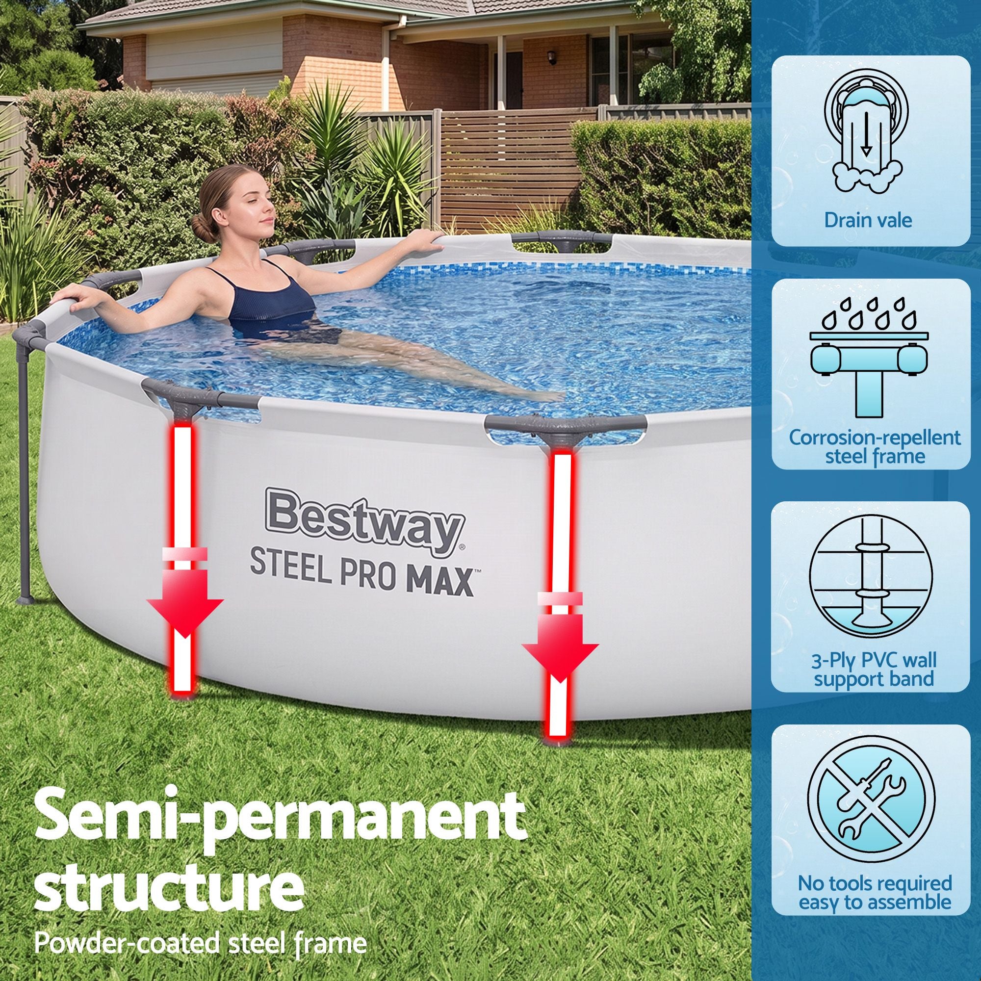 Bestway 305CM Swimming Pools Steel Above Ground Round Backyard Pool Set White