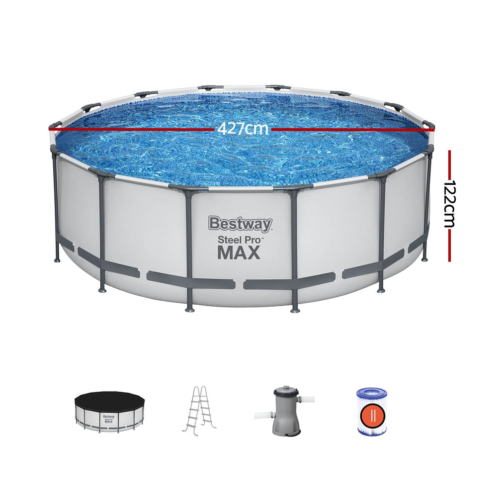 Swimming Pools: Bestway Swimming Pool 427x427x122cm Steel Frame Above Ground Pools Round Filter Pump Ladder