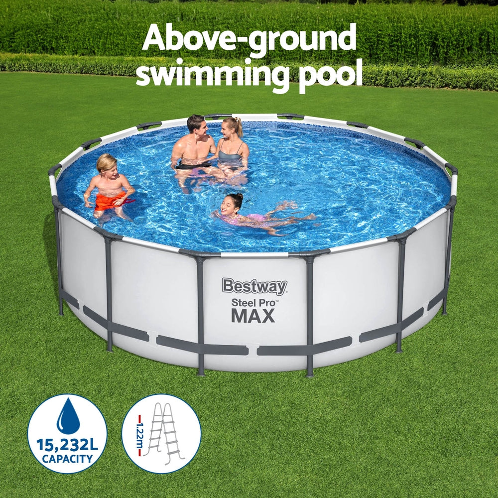 Swimming Pools: Bestway Swimming Pool 427x427x122cm Steel Frame Above Ground Pools Round Filter Pump Ladder