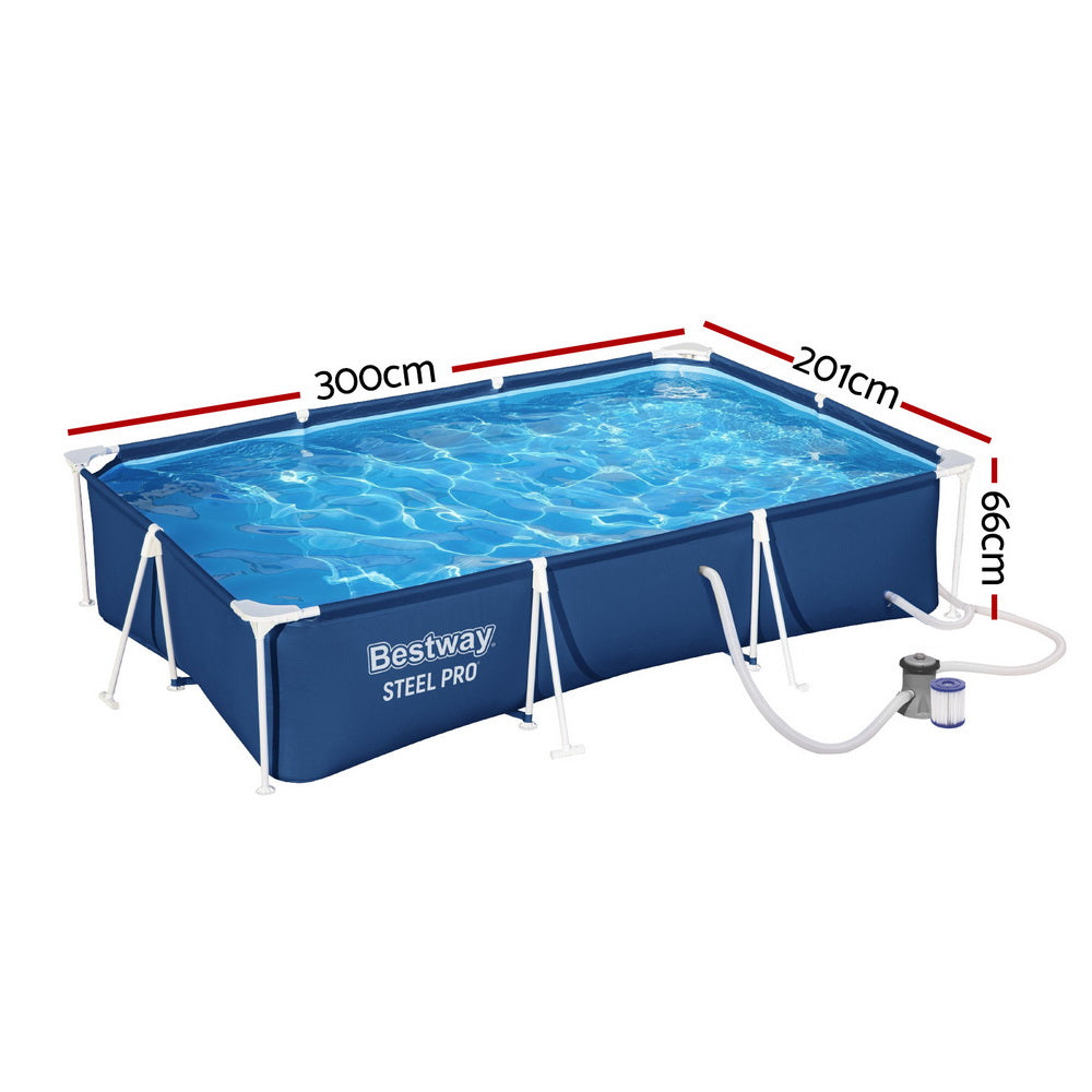 Swimming Pools: Bestway Swimming Pool 300x201x66cm Steel Frame Above Ground Pools w/ Filter Pump 3300L