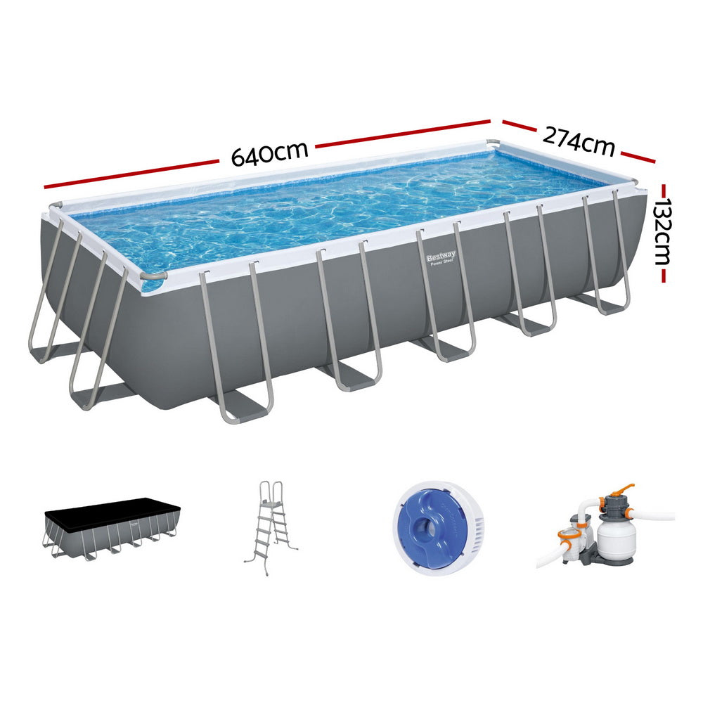 Swimming Pools: Bestway Swimming Pool 640x274x132cm Steel Frame Above Ground Pools Filter Pump Ladder 19281L