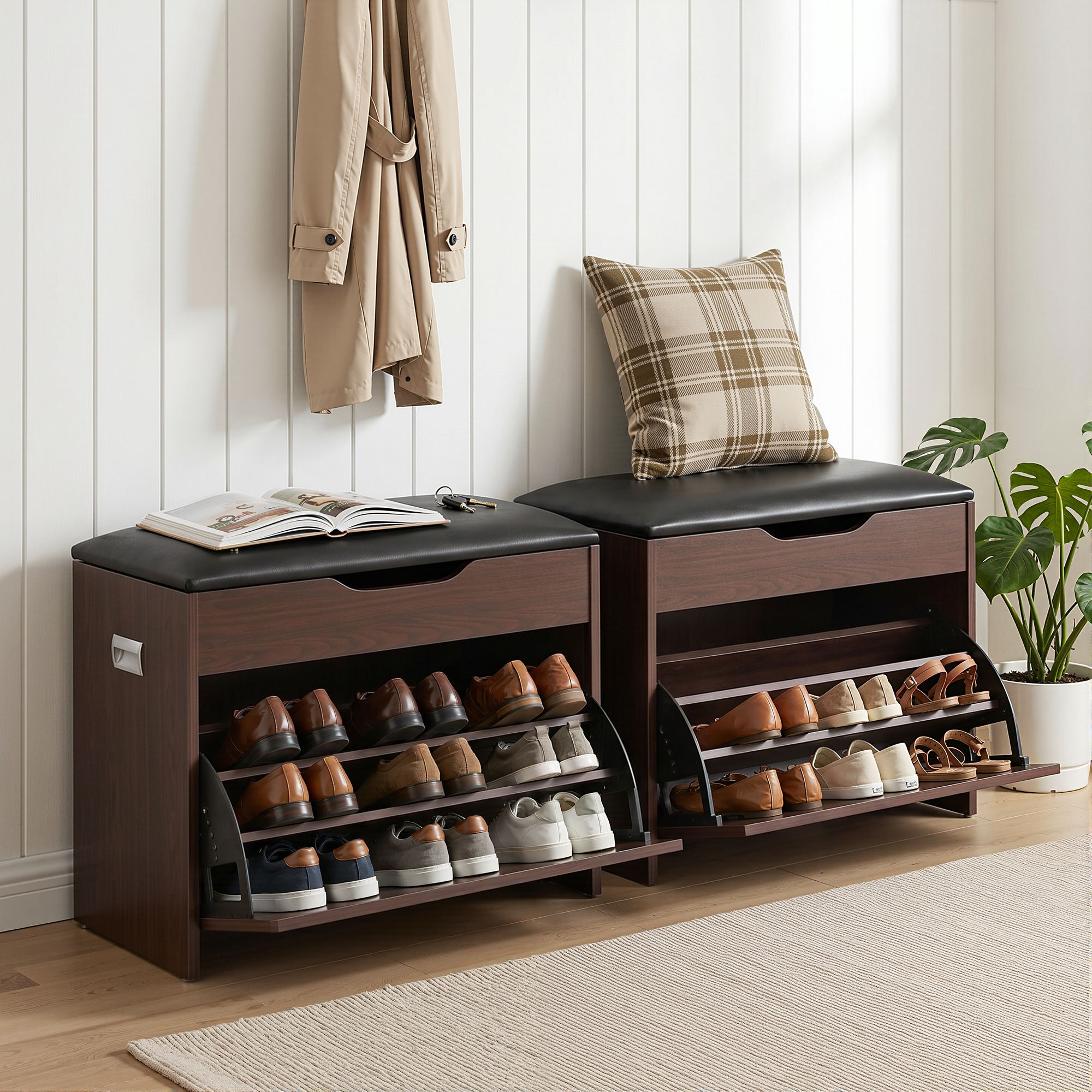 Artiss 2x Shoe Bench Set Flip Drawer Walnut