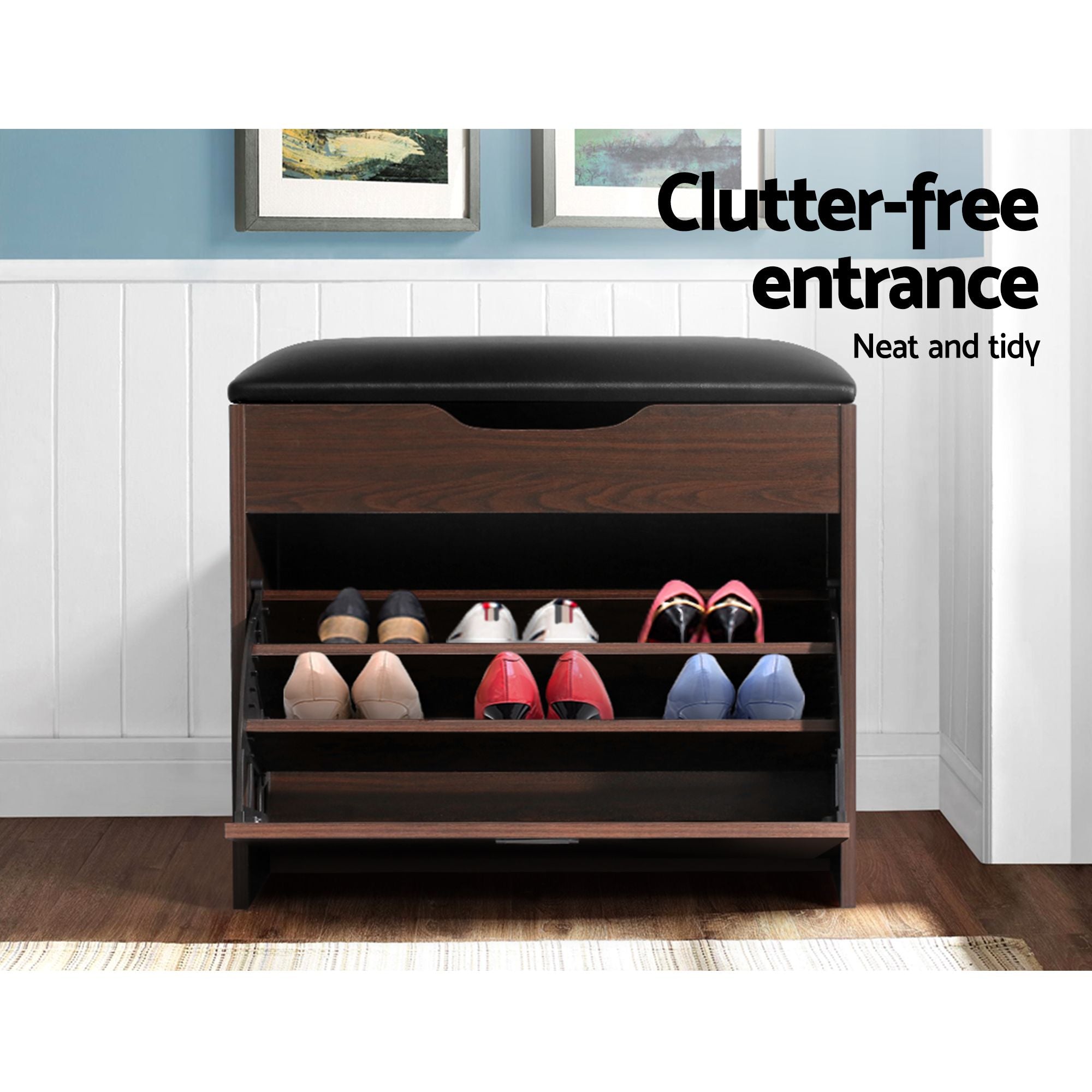 Artiss 2x Shoe Bench Set Flip Drawer Walnut