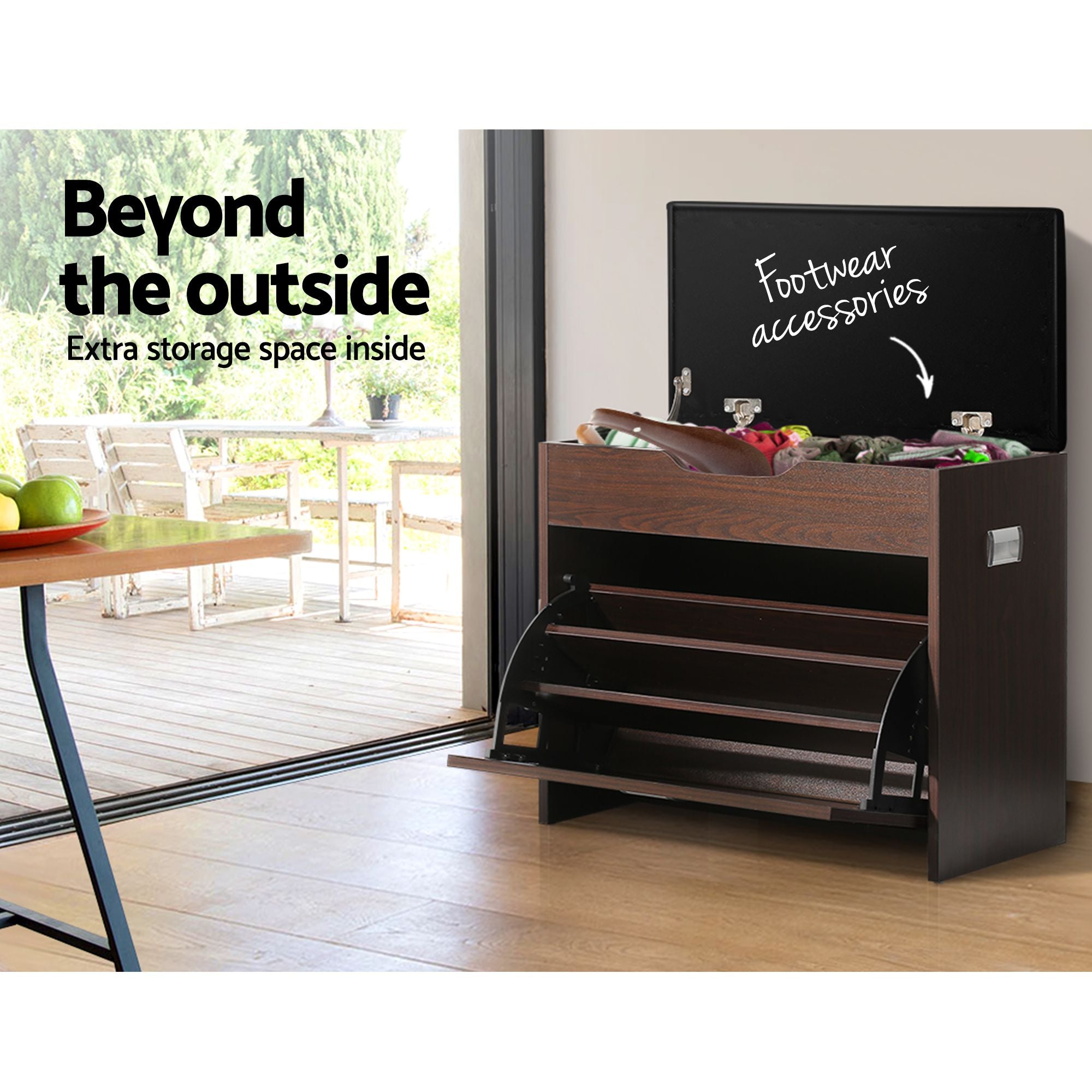 Artiss 2x Shoe Bench Set Flip Drawer Walnut