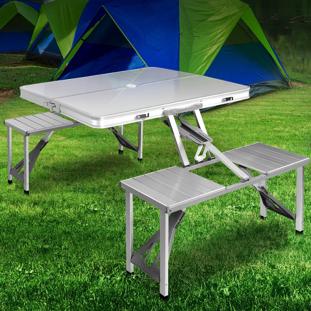 BBQ Tools: Weisshorn Folding Camping Table Outdoor Picnic BBQ With 2 Bench Chairs Set