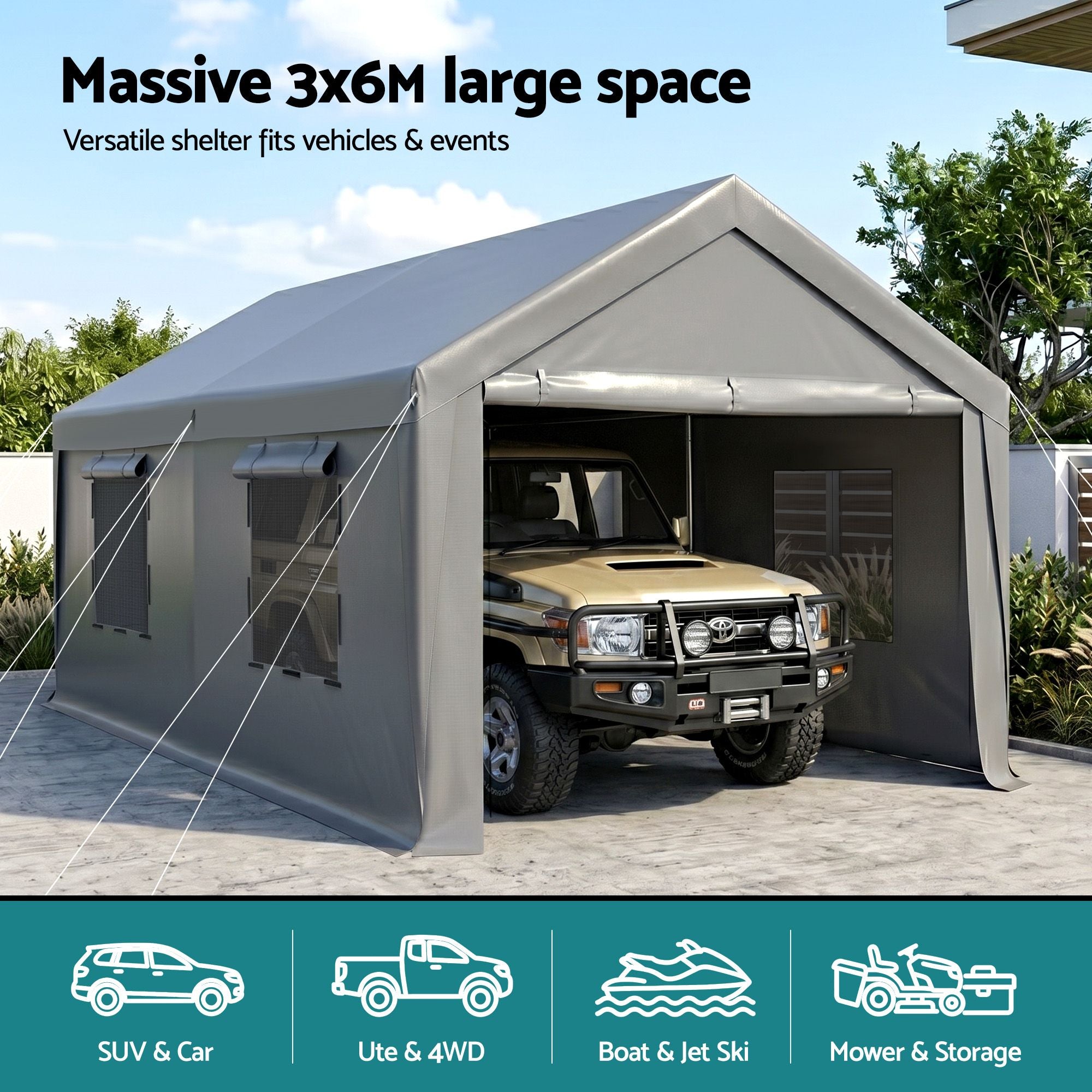 Instahut 3x6m Carports Canopy Tent Portable Garage Outdoor Steel Shelter Grey