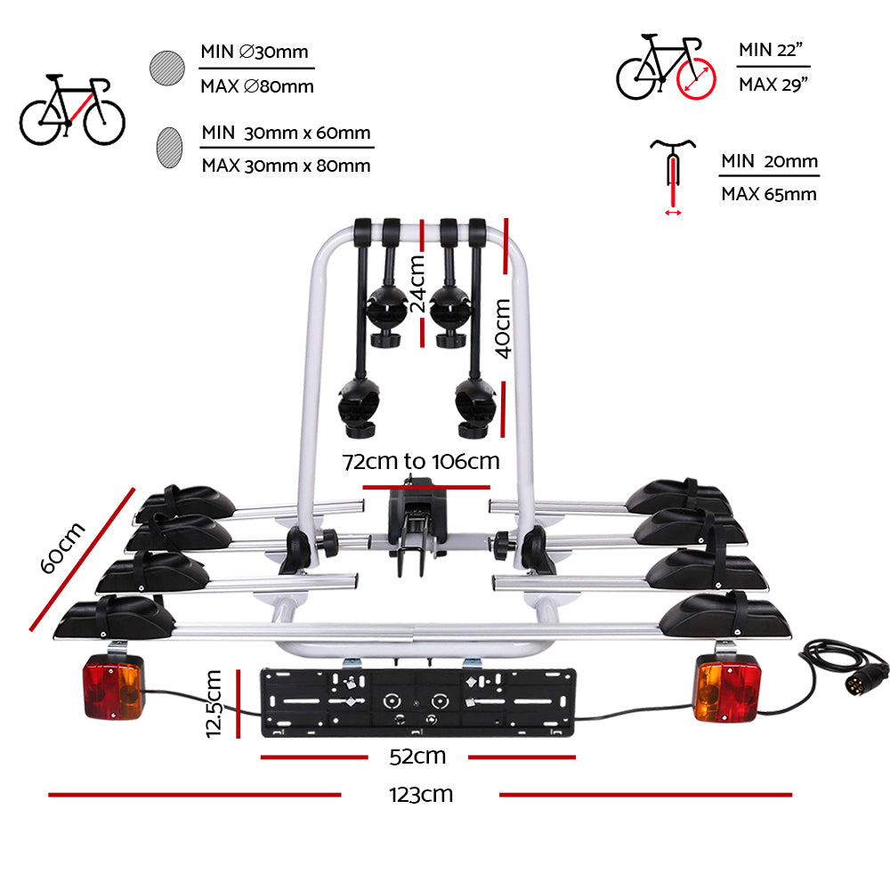 Bicycle Stands & Storage: Giantz 4 Bicycle Bike Carrier Rack Car Towbar Hitch Ball Mount Tail light Silver