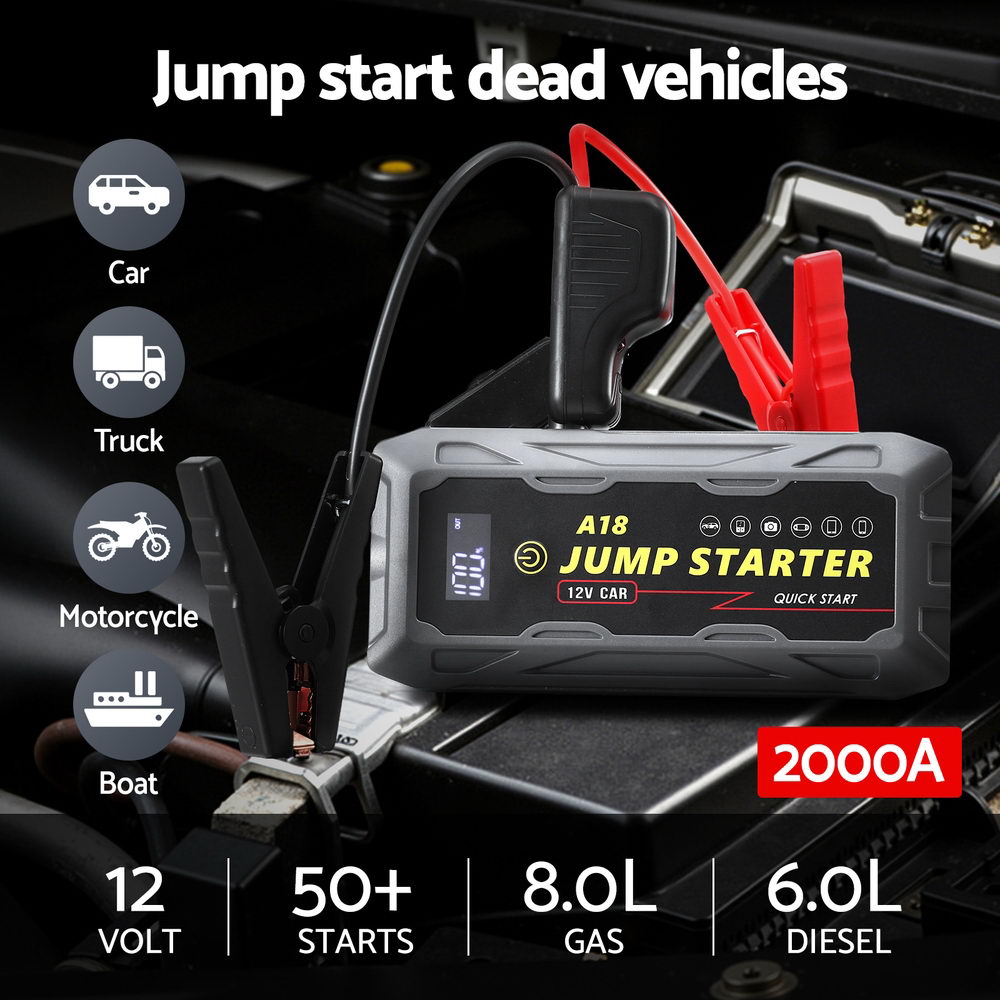 Power Banks & Chargers: Giantz 2000A Portable Car Jump Starter 12V Lithium Battery Booster Pack Power Bank & Jumper Cables