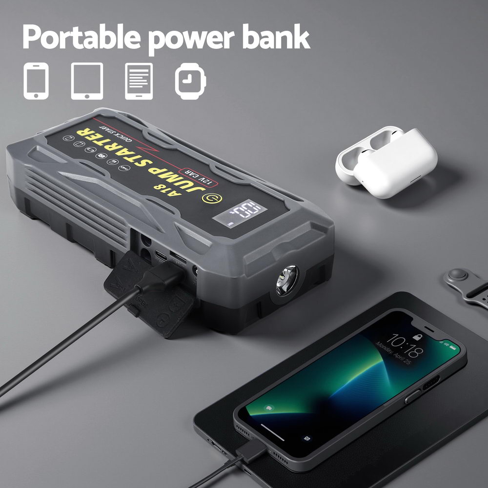 Power Banks & Chargers: Giantz 2000A Portable Car Jump Starter 12V Lithium Battery Booster Pack Power Bank & Jumper Cables
