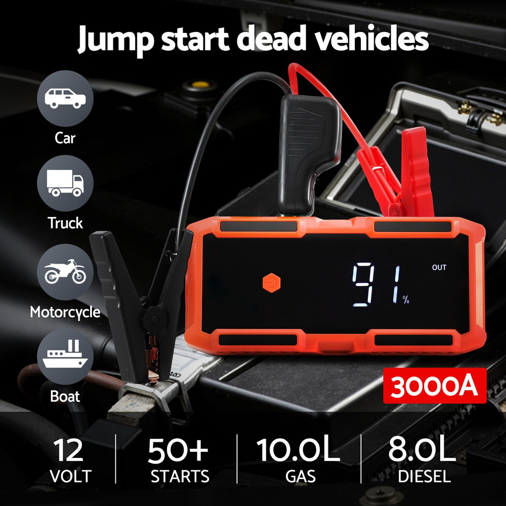 Power Banks & Chargers: Giantz 3000A Portable Car Jump Starter 12V Lithium Battery Booster Pack Power Bank & Jumper Cables