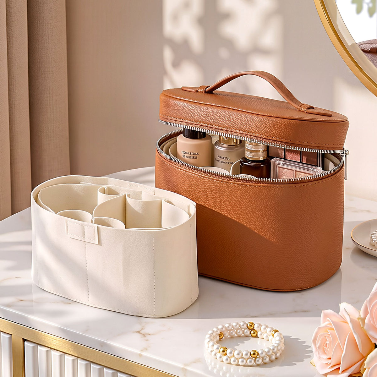 Embellir Makeup Case for Women Travel PU Cosmetic Organizer Brown
