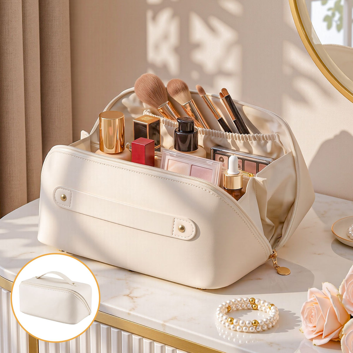 Embellir Makeup Case Portable Cosmetic Bag Organiser Toiletry Travel Bag PU White