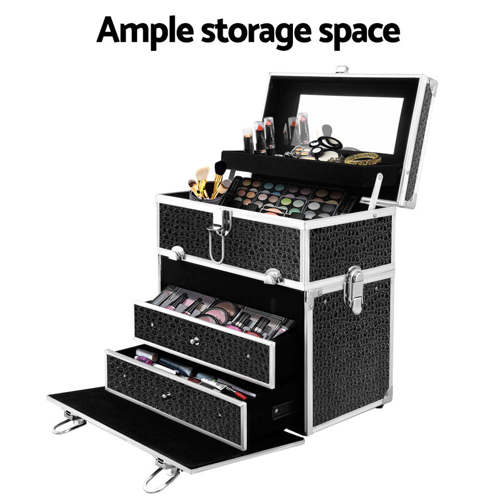 Cosmetic & Toiletry Bags: Embellir Portable Cosmetic Beauty Makeup Carry Case with Mirror - Crocodile Black